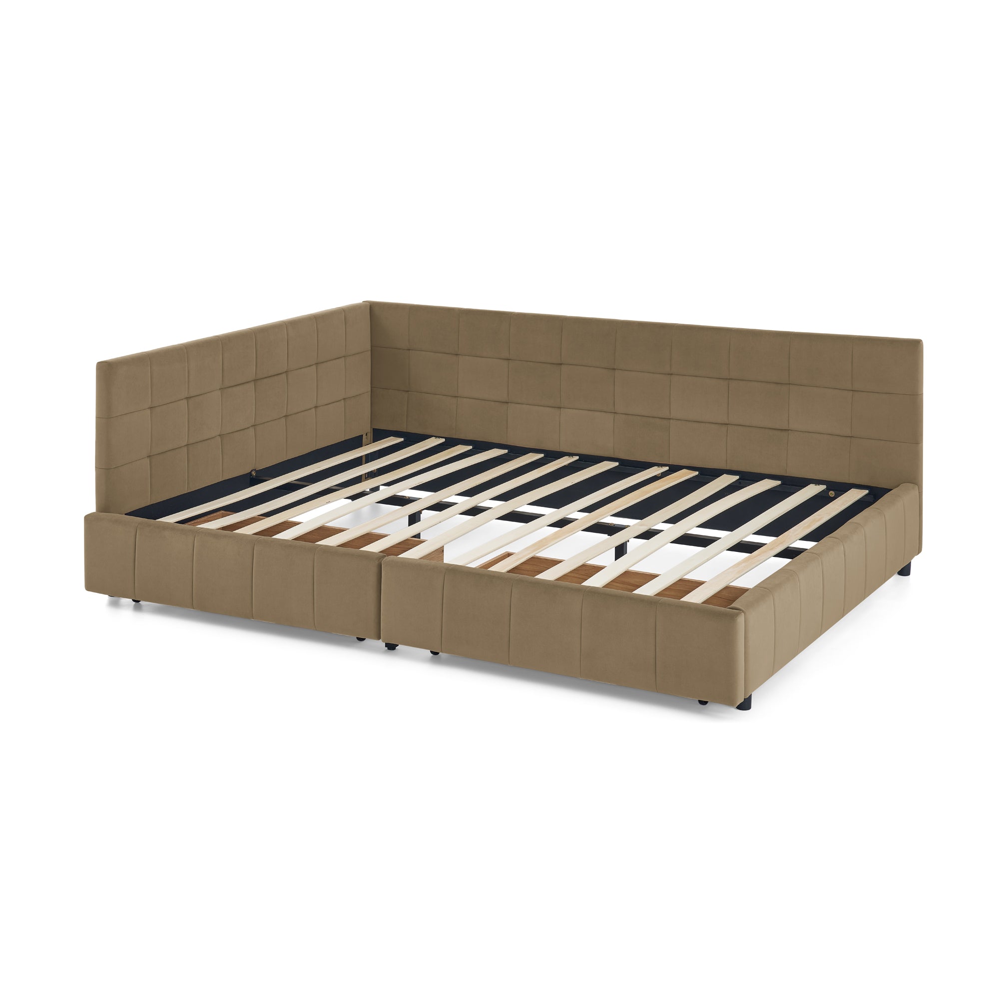 Anthony & Home brown velvet tufted queen-size storage bed from the Mid-Century Collection with a stylish and elegant design.
