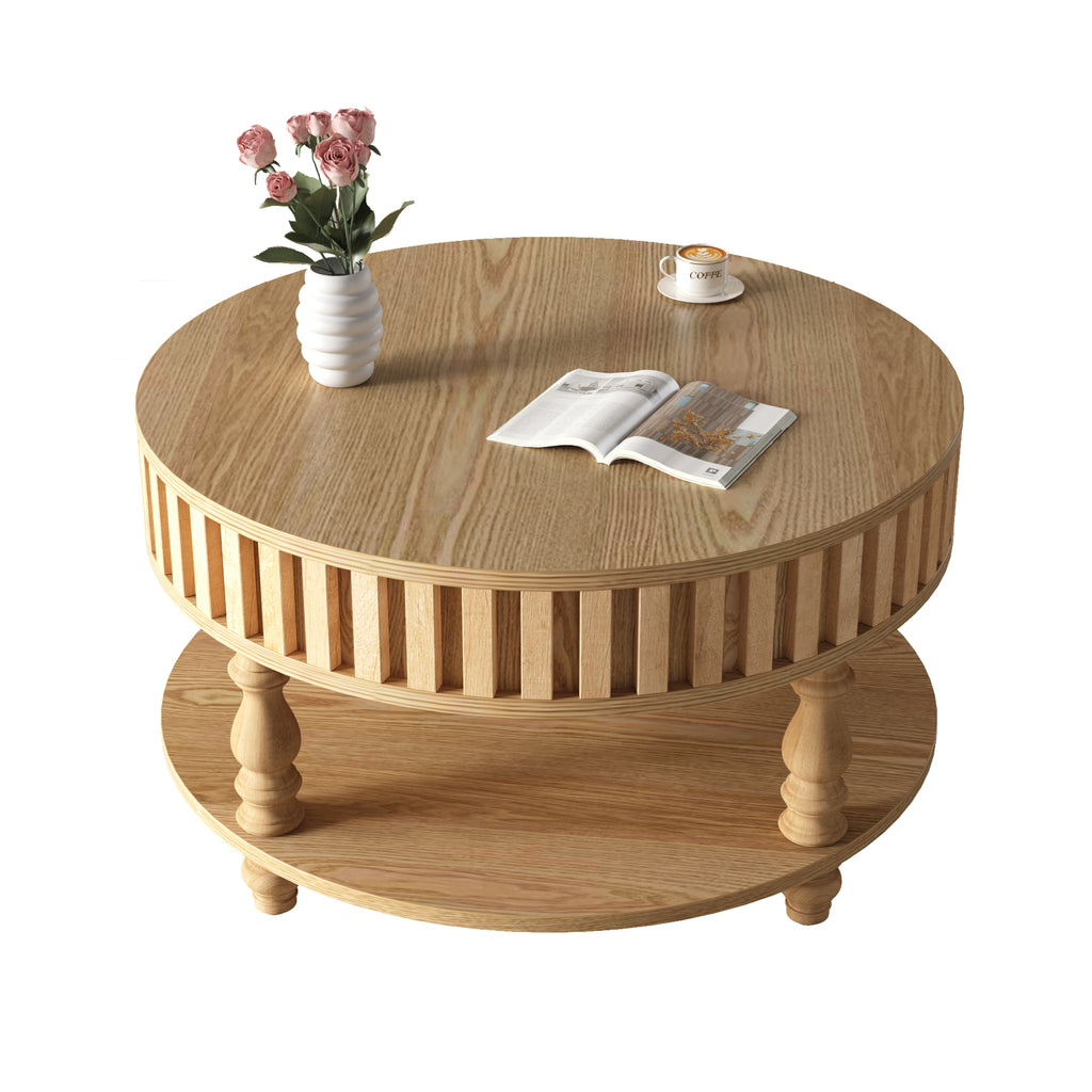 Anthony & Home Mid Century Fluted Coffee Table with Storage in natural oak finish, showcasing sleek design and textured fluted surface.