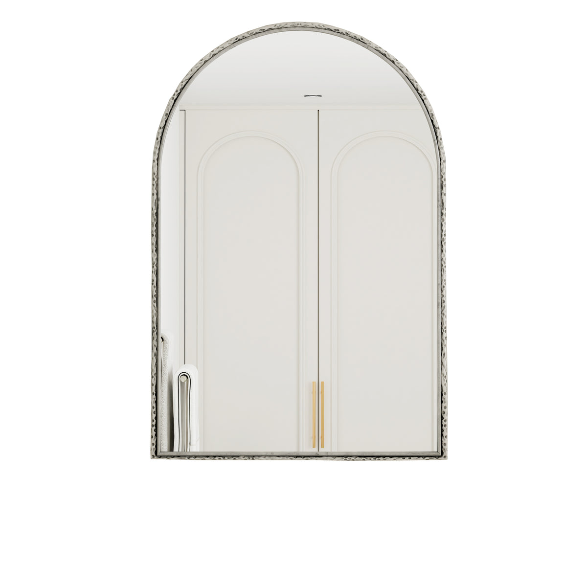 Arched silver mirror with tempered glass frame from Anthony & Home, showcasing a sleek, modern design.