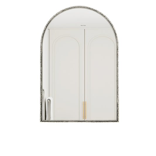 Arched silver mirror with tempered glass frame from Anthony & Home, showcasing a sleek, modern design.