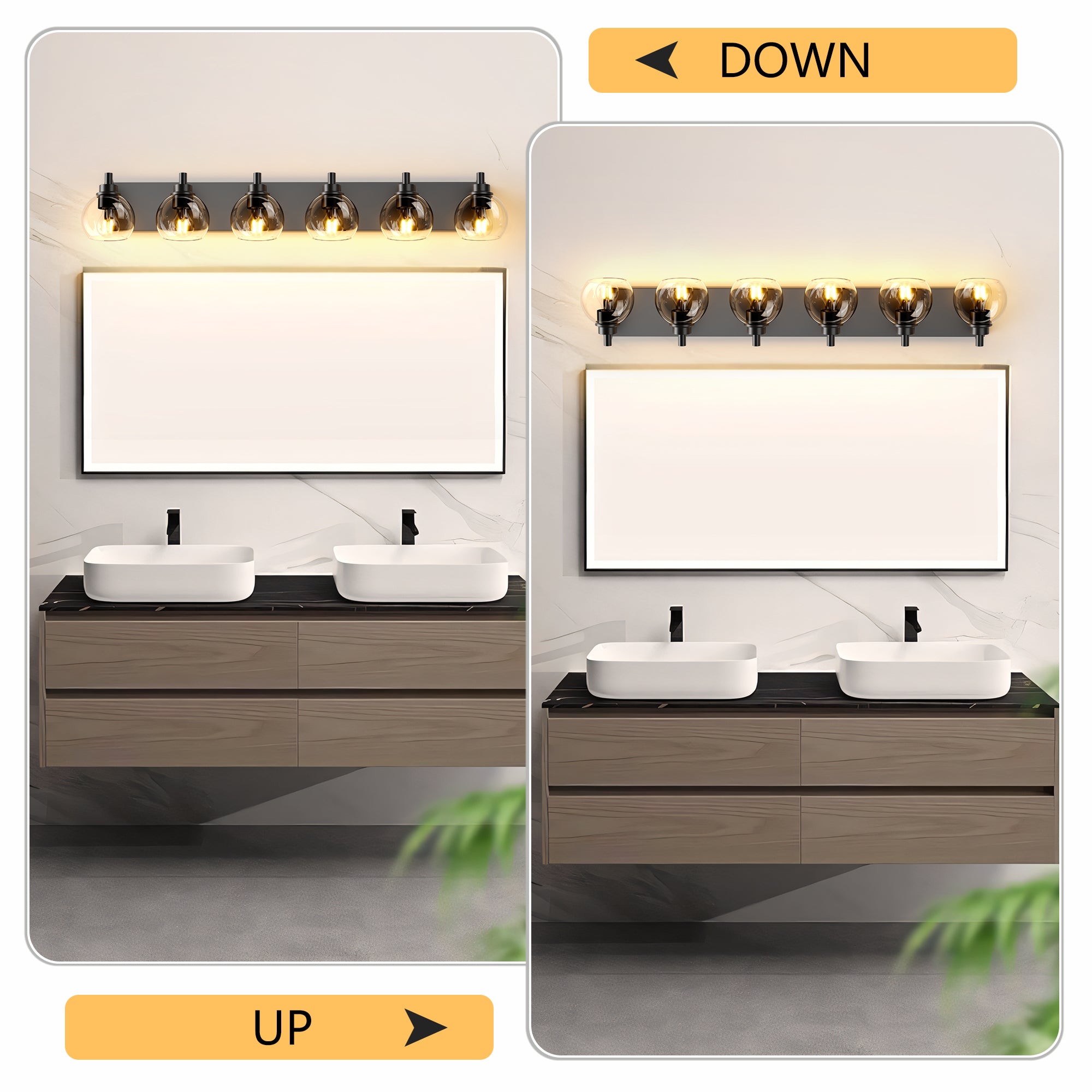 Matte black iron vanity light with glass shade by Anthony & Home, showcasing a sleek modern wall-mounted fixture.