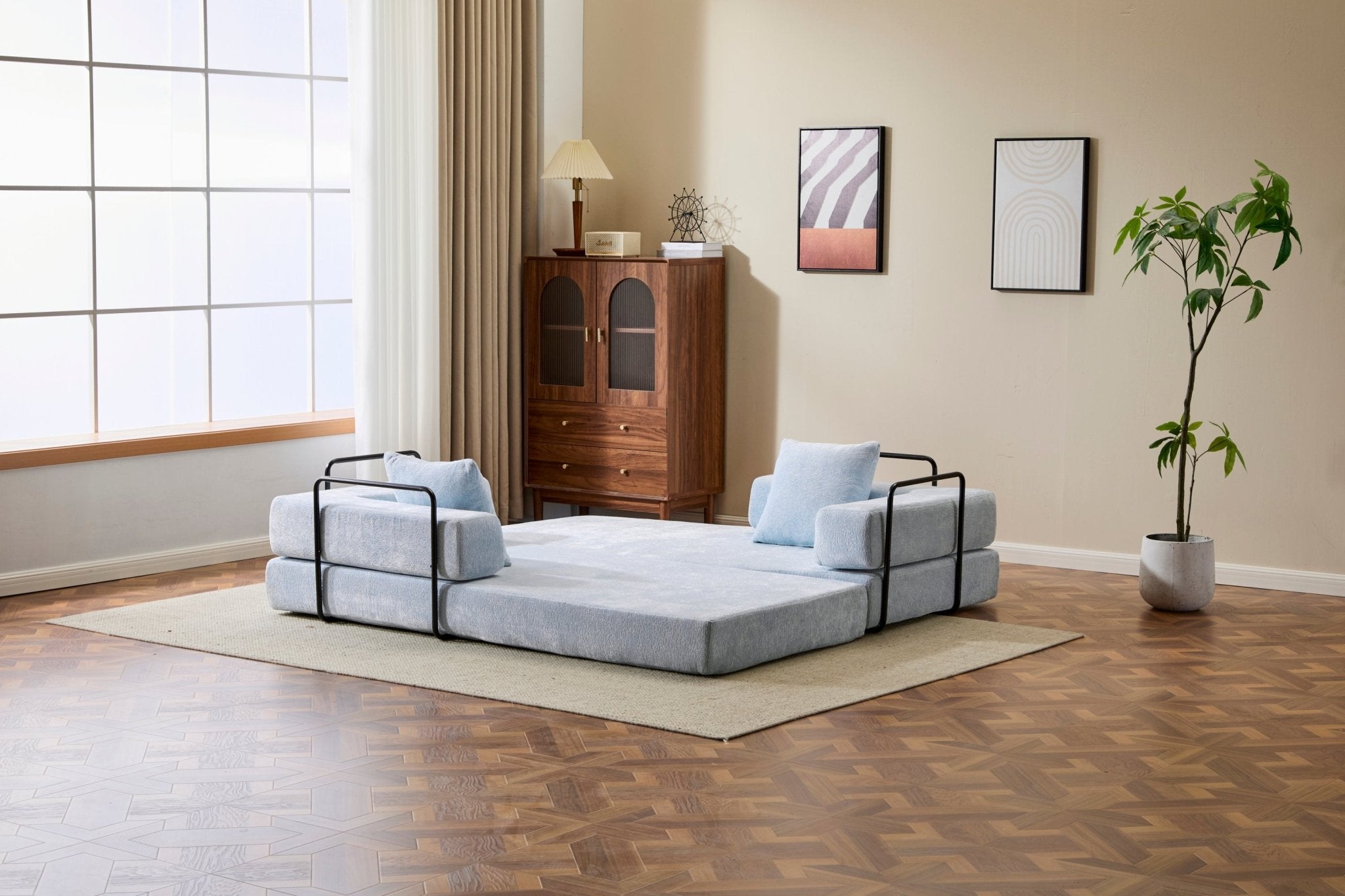 Light blue Anthony & Home Chenille Collection convertible floor sofa bed with memory foam cushions, perfect for lounging and sleeping.
