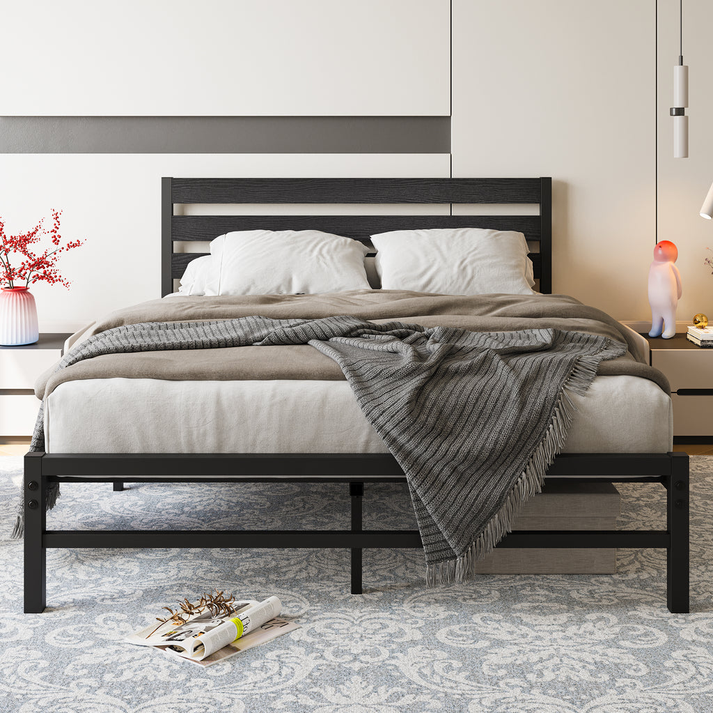 Platform Bed Frame Queen Size With Wooden Headboard Metal And Wood Construction Exclusive Edition