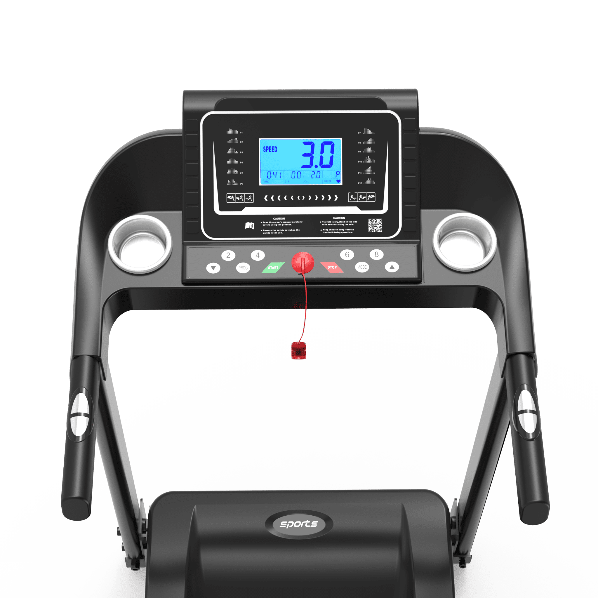 Anthony & Home Fitshow Elite Edition folding treadmill with hydraulic assist, quiet design for home gym use, seen from side.