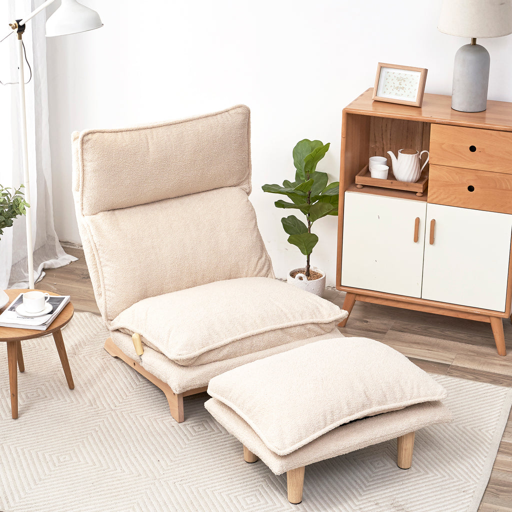 Beige Anthony & Home Studio foldable metal frame recliner with padded seat and backrest, suitable for modern living rooms