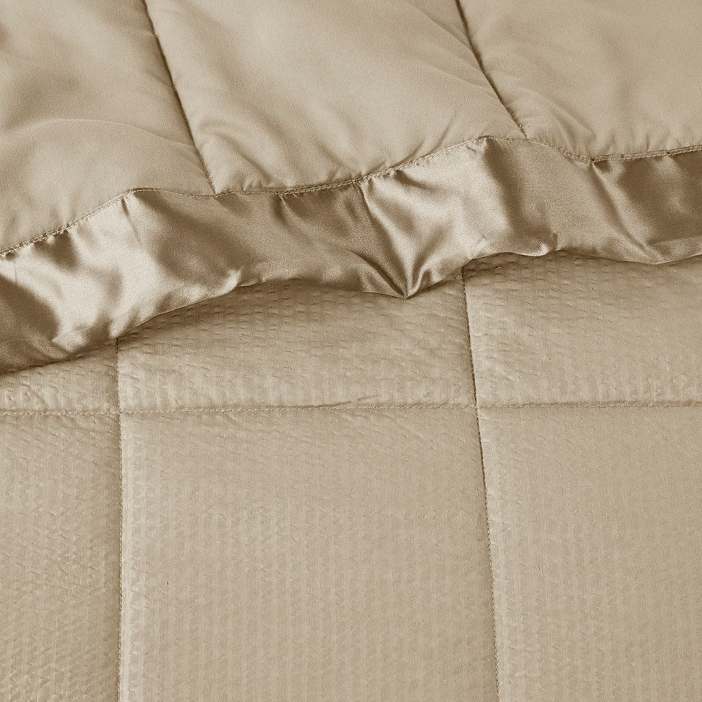 Taupe satin-trim oversized king blanket from Anthony & Home, showing plush fabric and elegant satin edging.