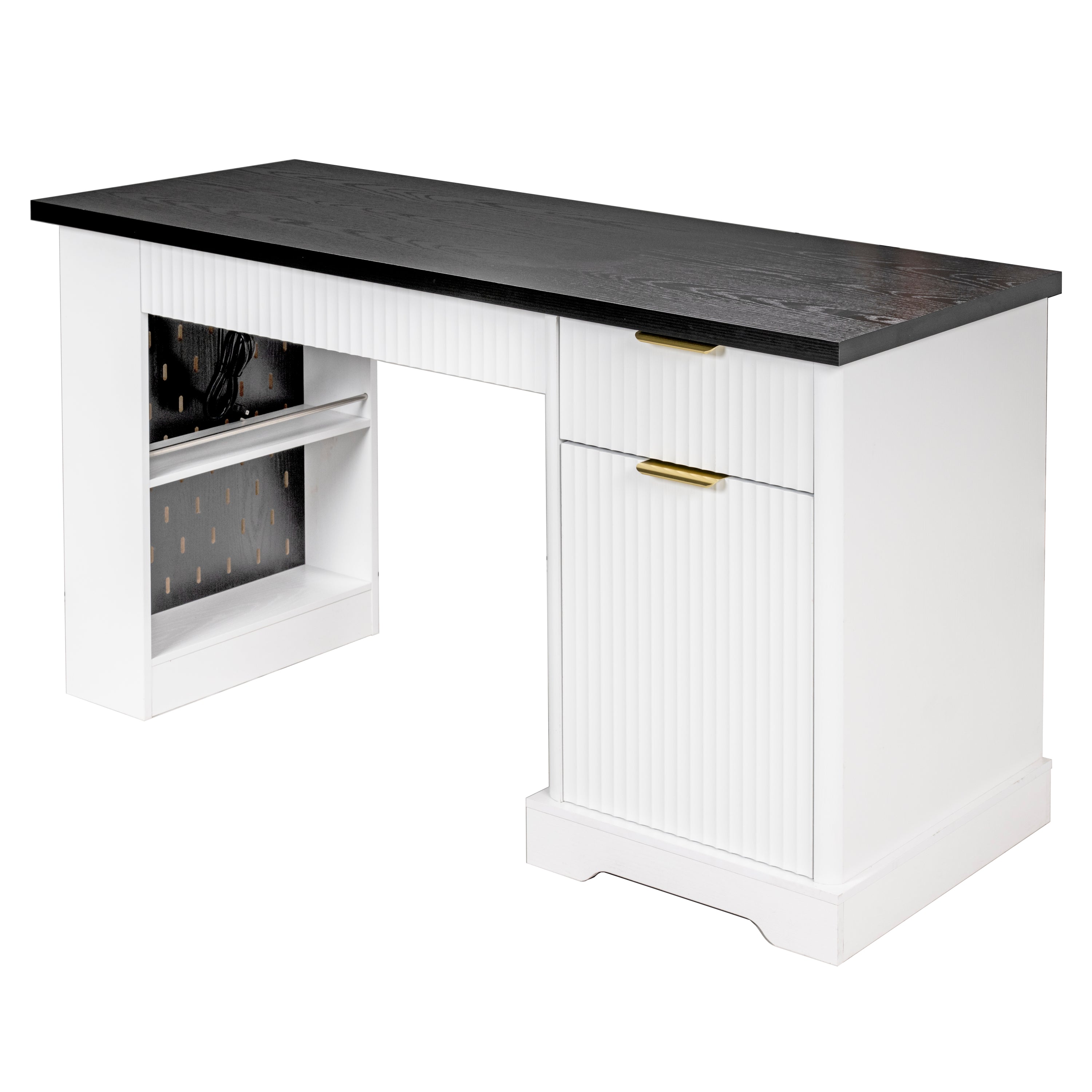 Anthony & Home Atelier fluted office desk with storage cabinet, pegboard, and keyboard tray in white, 55 inches wide.