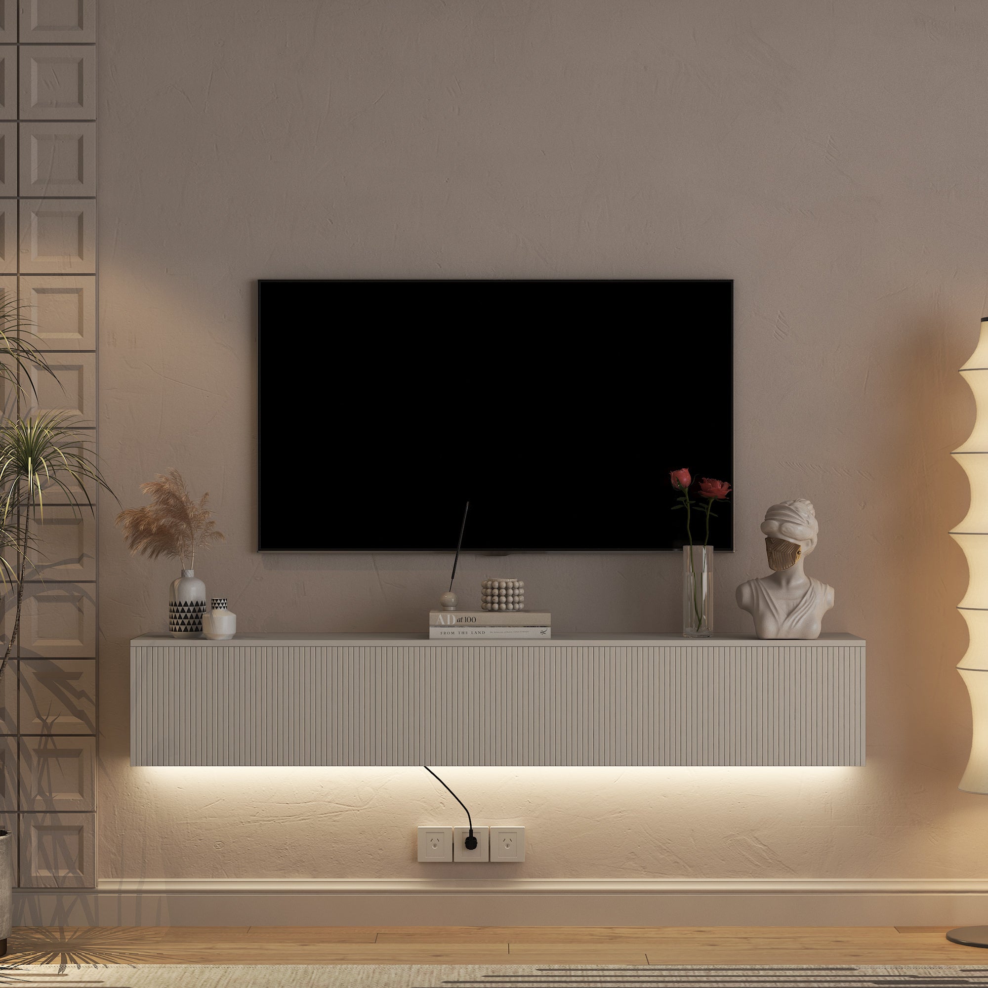 Floating White TV Stand Wall Mount With 16 Color LEDs