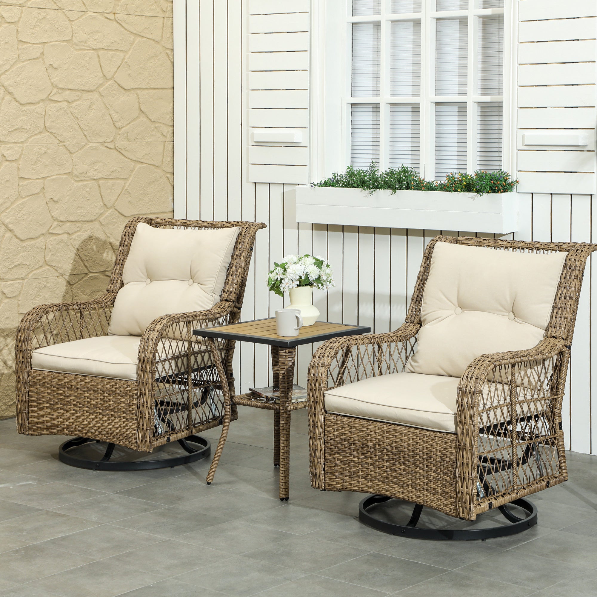 3 Piece Outdoor Wicker Bistro Set With Swivel Glider Chairs