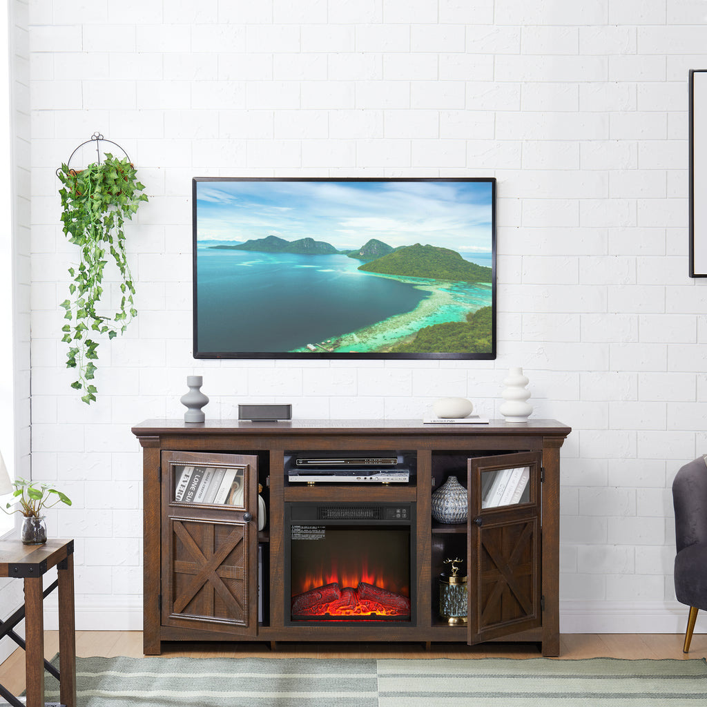Anthony & Home Espresso Barnwood Two Door Media Console with natural wood finish and sleek metal hardware.