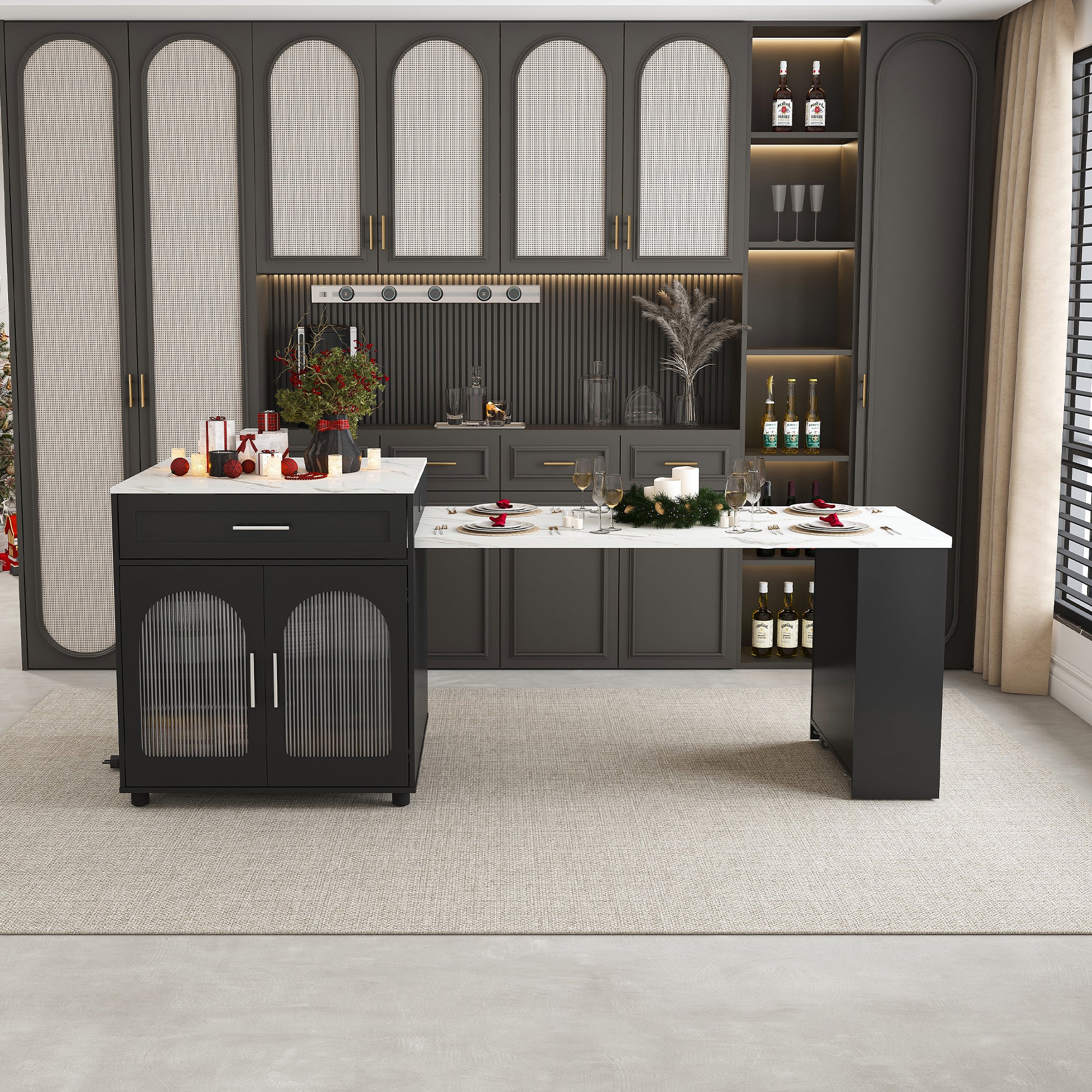 Anthony & Home Studio Marble-Grain Kitchen Island with expandable countertop and storage, showcasing its elegant marble-like surface.