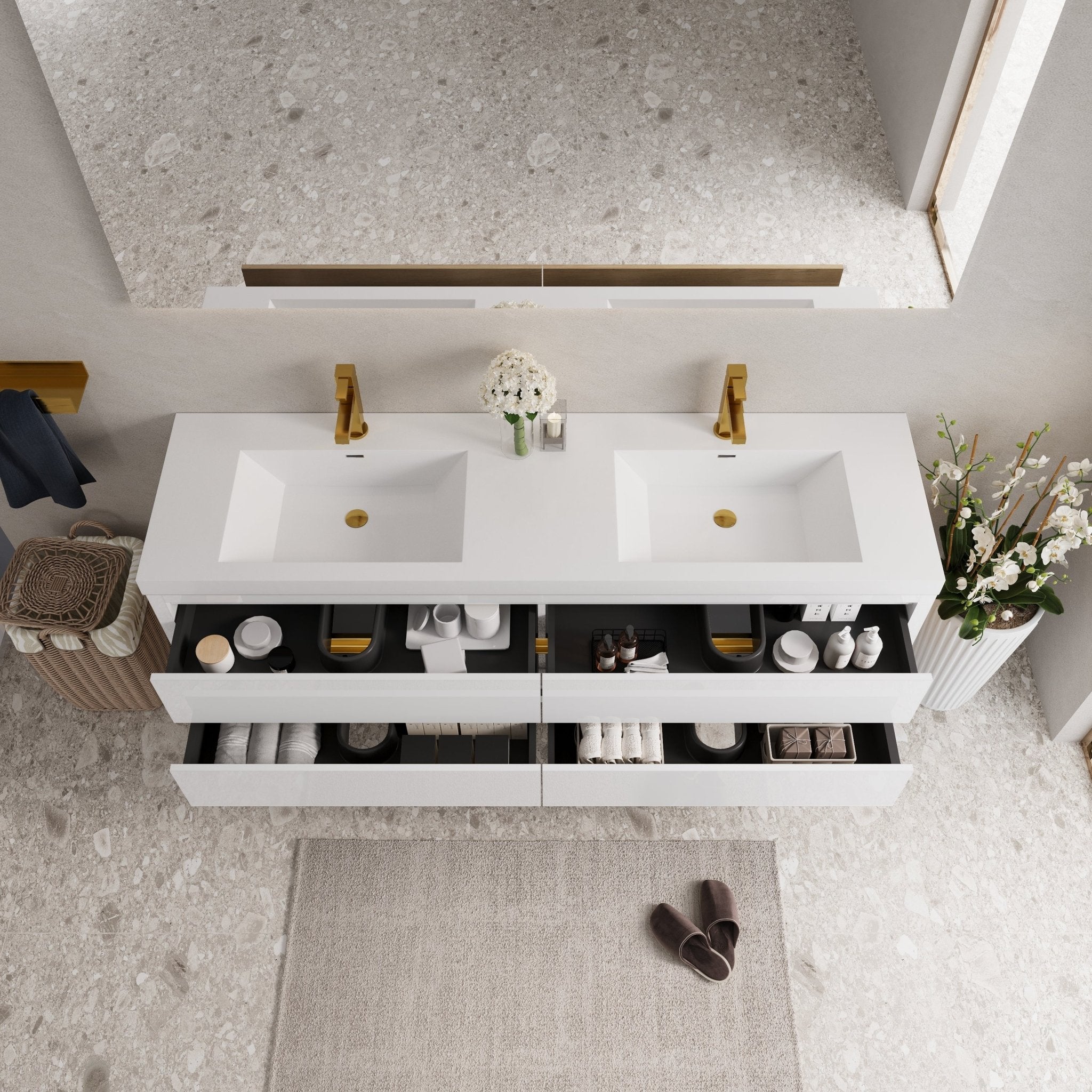 Studio Stone resin wall-mounted vanity with double sinks, sleek design, and modern fixtures from Anthony & Home.