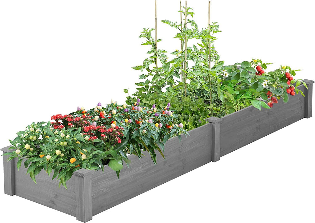 Anthony & Home Atelier Cedar raised garden bed, 96x28x10 inches, outdoor planter box with tool-free assembly, filled with soil and plants.