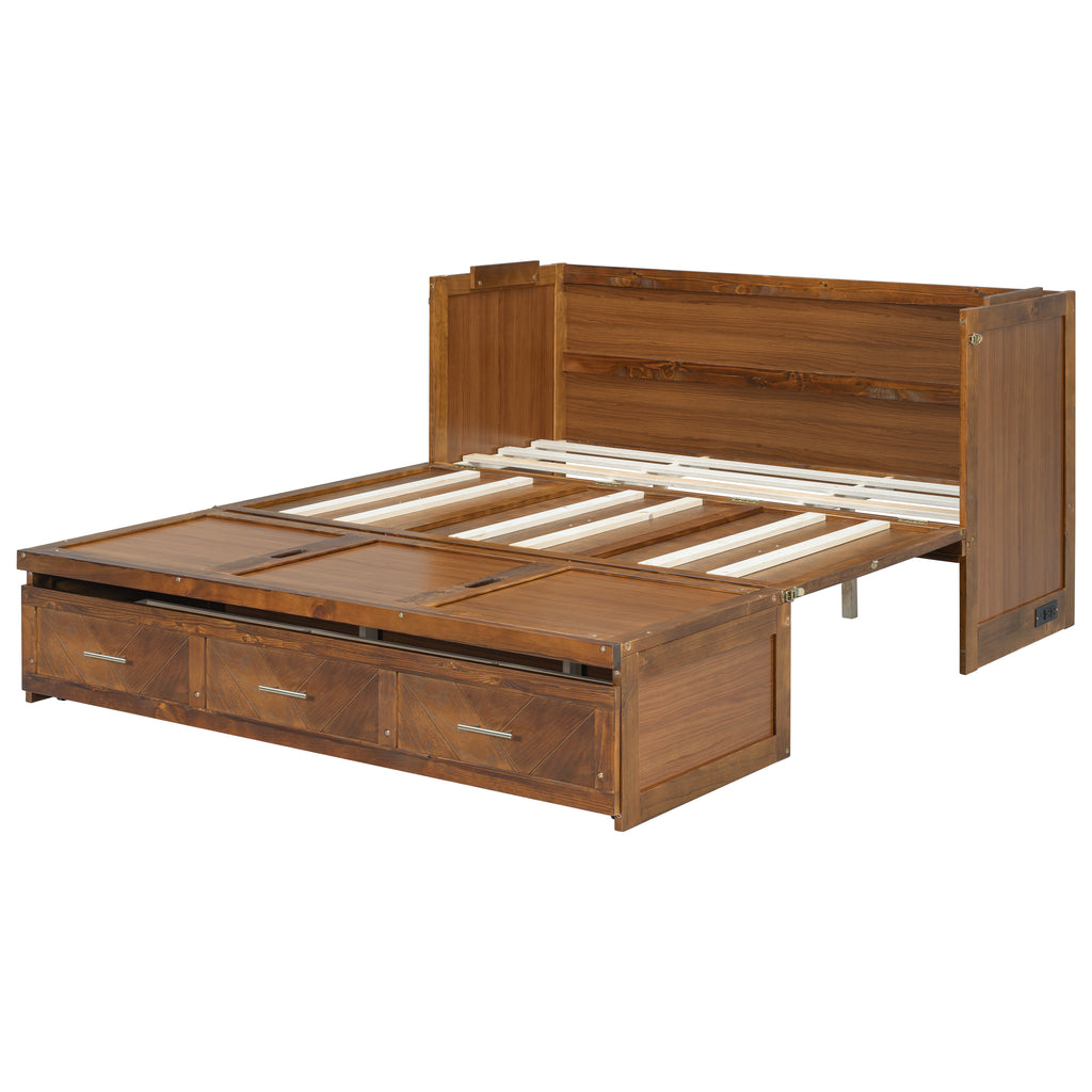 Queen size walnut Murphy bed cabinet with geometric panels, USB charging, from Anthony & Home Studio Collection.