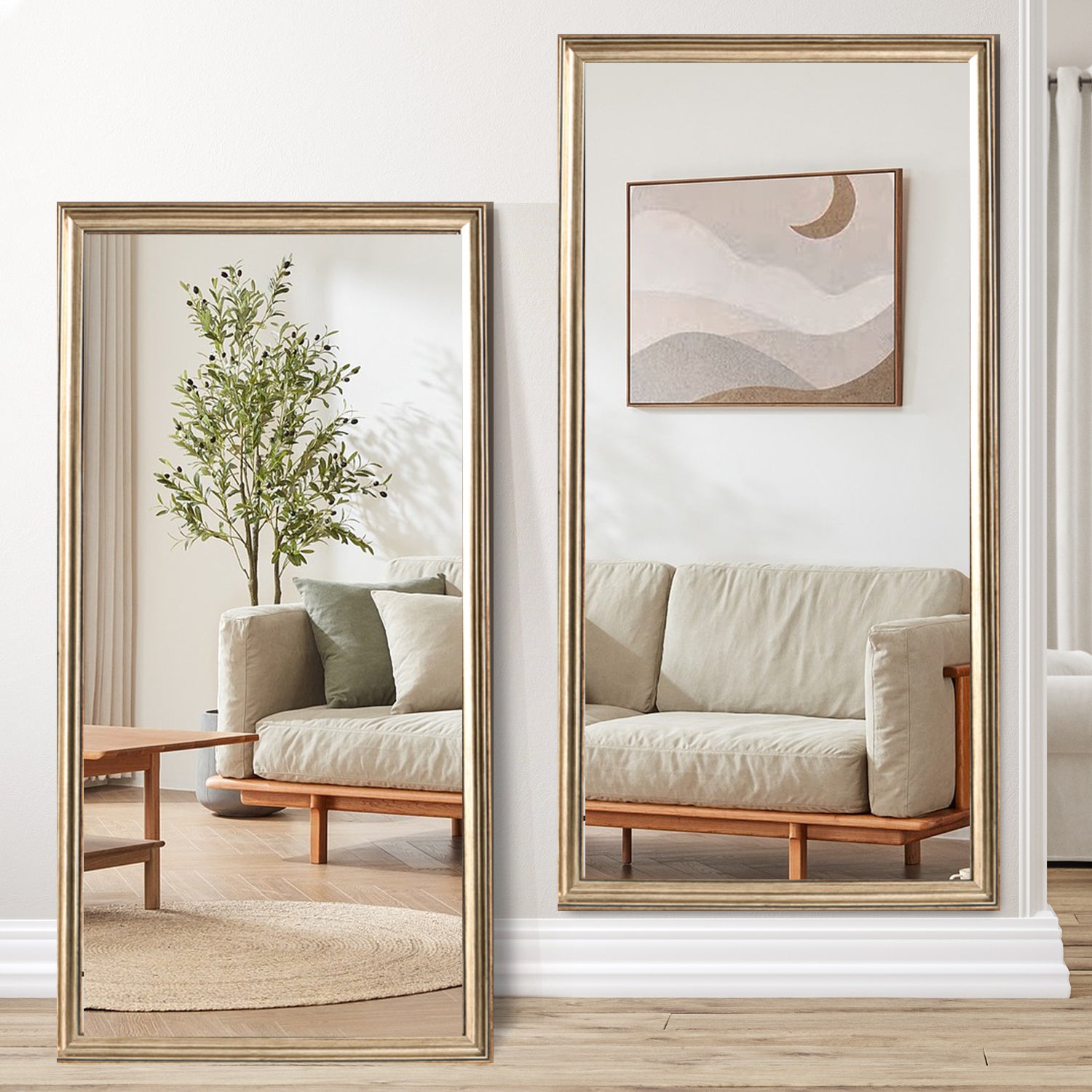 Copper finish full-body mirror with wood frame from Anthony & Home, elegant floor mirror for stylish home decor.
