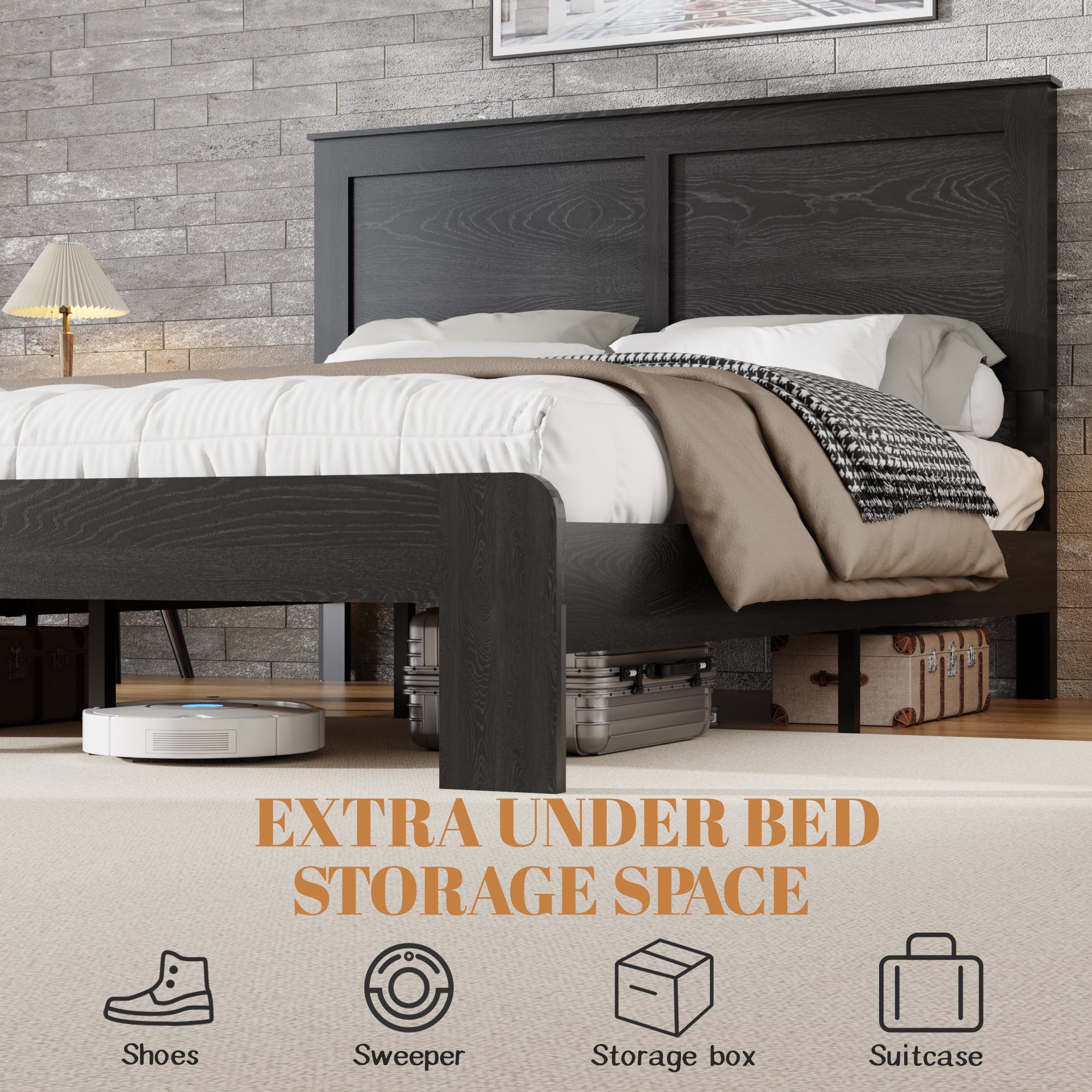 Antique black Studio Platform King Bed Frame by Anthony & Home with sturdy wooden slats and classic design.