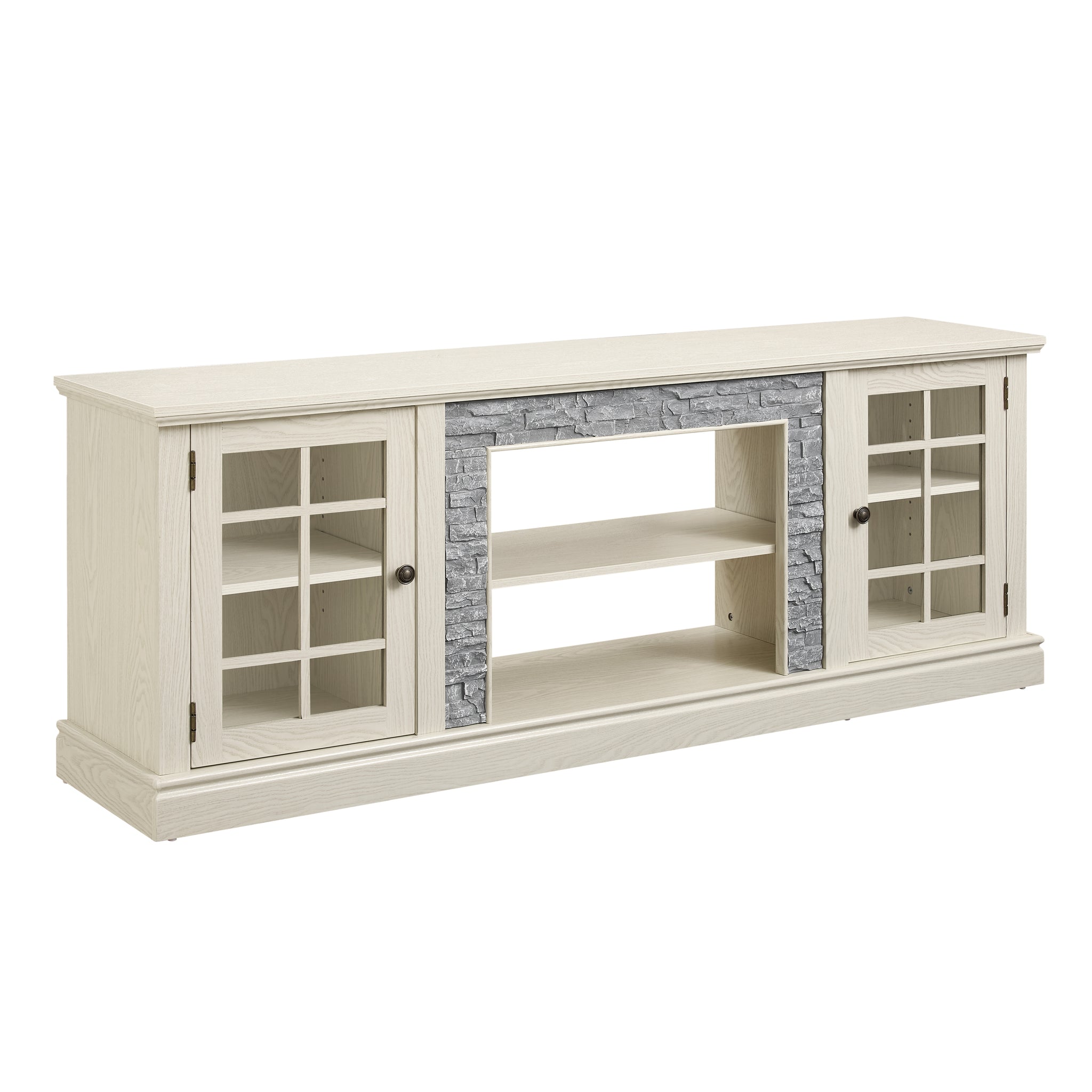 Anthony & Home Atelier White Faux Stone TV stand, 70-inch with two doors, modern media console for living room decor.
