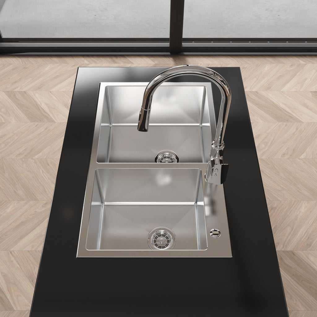 Brushed nickel stainless steel double bowl kitchen sink, 32x19 inches, from Anthony & Home Studio Collection, with smooth finish and modern design