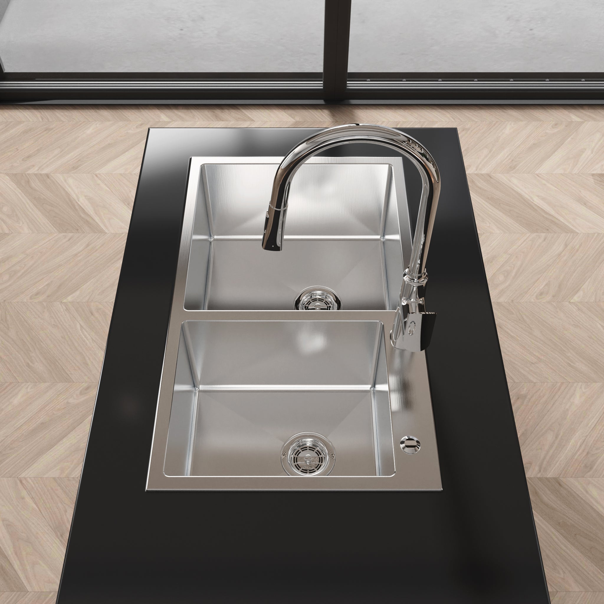 Brushed nickel stainless steel double bowl kitchen sink, 32x19 inches, from Anthony & Home Studio Collection, with smooth finish and modern design