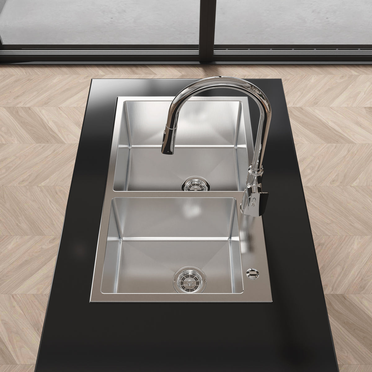 Brushed nickel stainless steel double bowl kitchen sink, 32x19 inches, from Anthony & Home Studio Collection, with smooth finish and modern design
