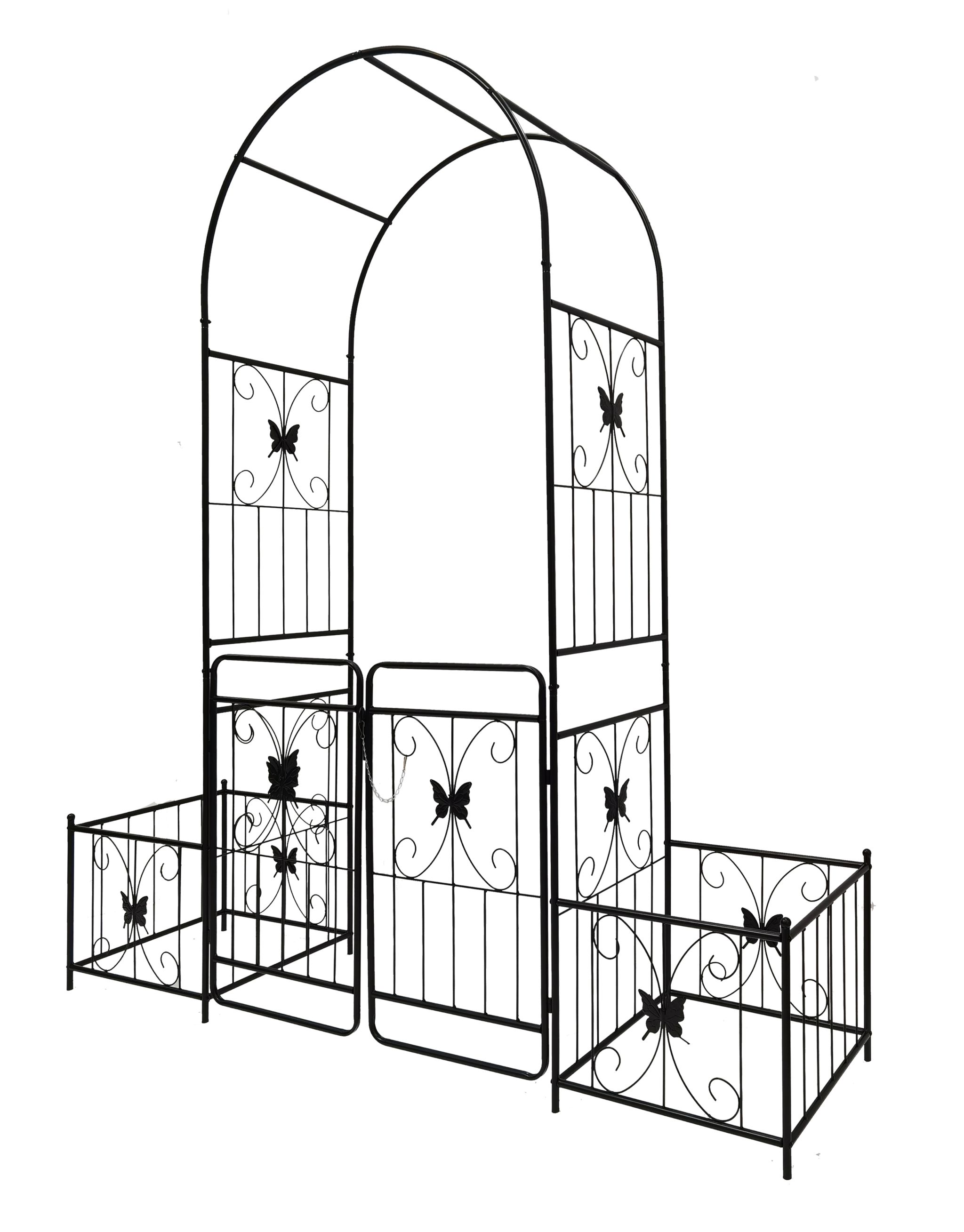 Black powder-coated metal garden arch with gate, 80-inch wide by 86-inch high rose arbor for outdoor decoration.