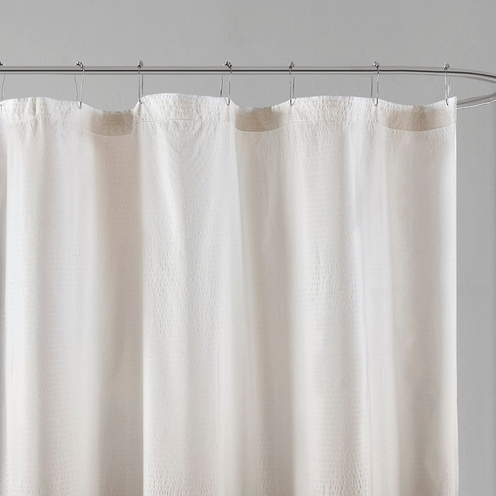 Ombre taupe seersucker Anthony & Home shower curtain with textured fabric, stylish and lightweight bathroom decor.