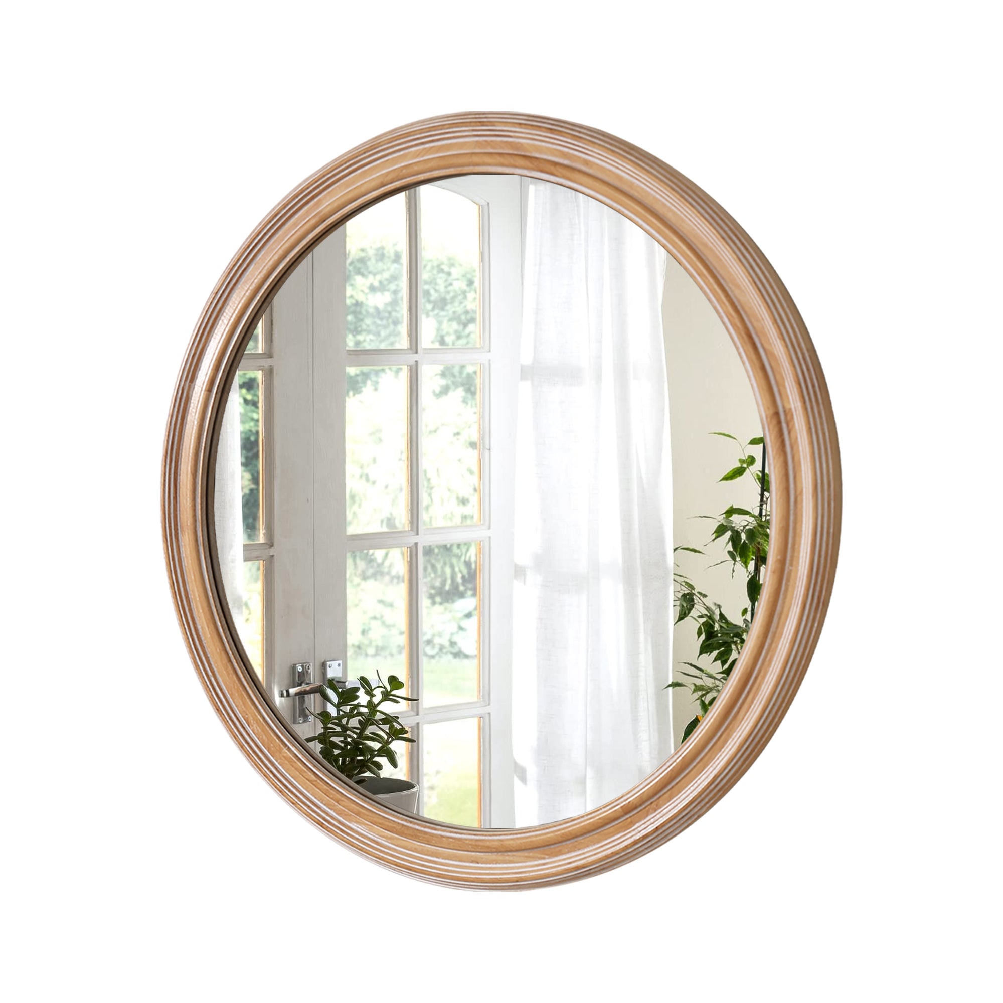 Antique whitewash wood and metal round wall mirror, 27.56 inches, from Anthony & Home Heritage Collection, featuring a vintage design.