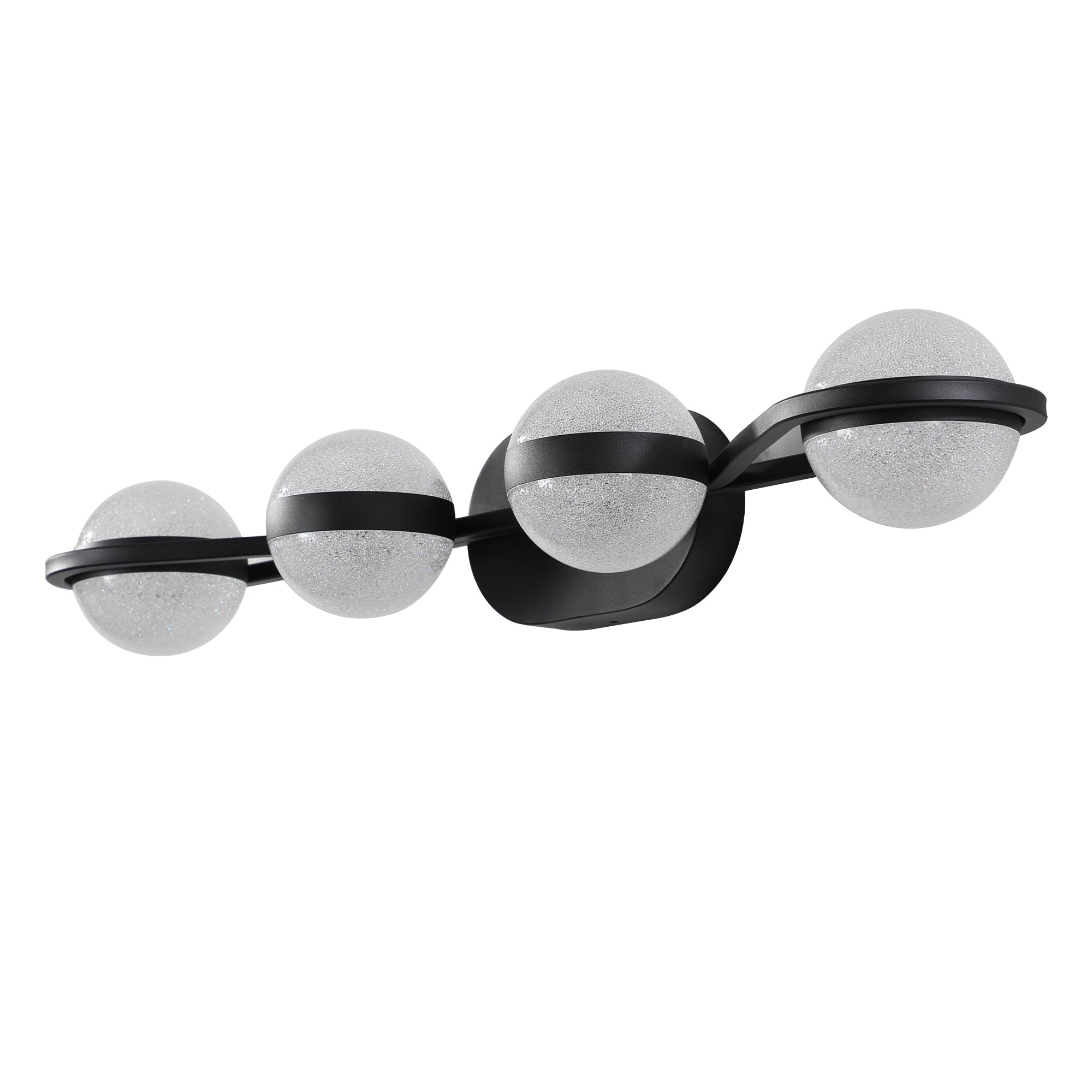 Black 4-light vanity fixture by Anthony & Home with crystal sand acrylic shades, mounted on a bathroom wall.