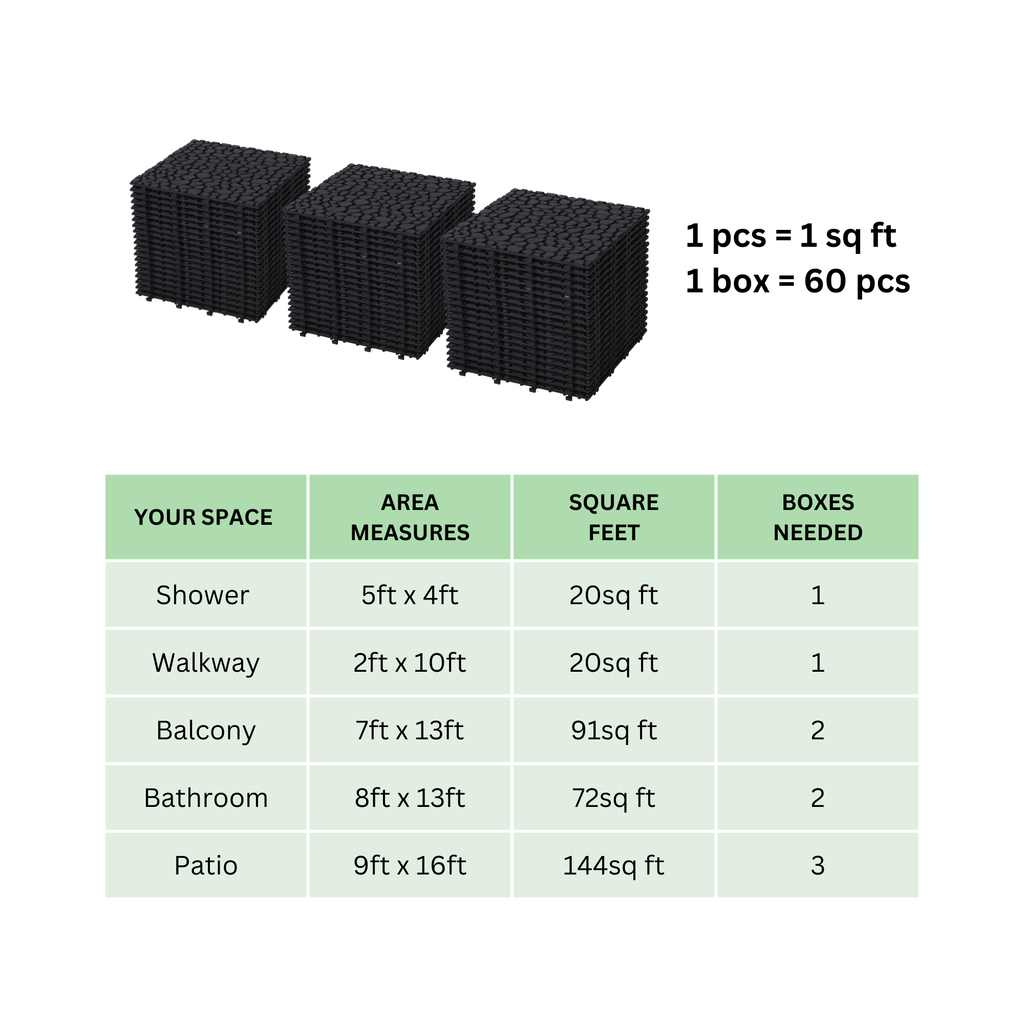 Black interlocking deck tiles from Anthony & Home, all-weather anti-slip polymer, 12x12 inch outdoor and indoor use