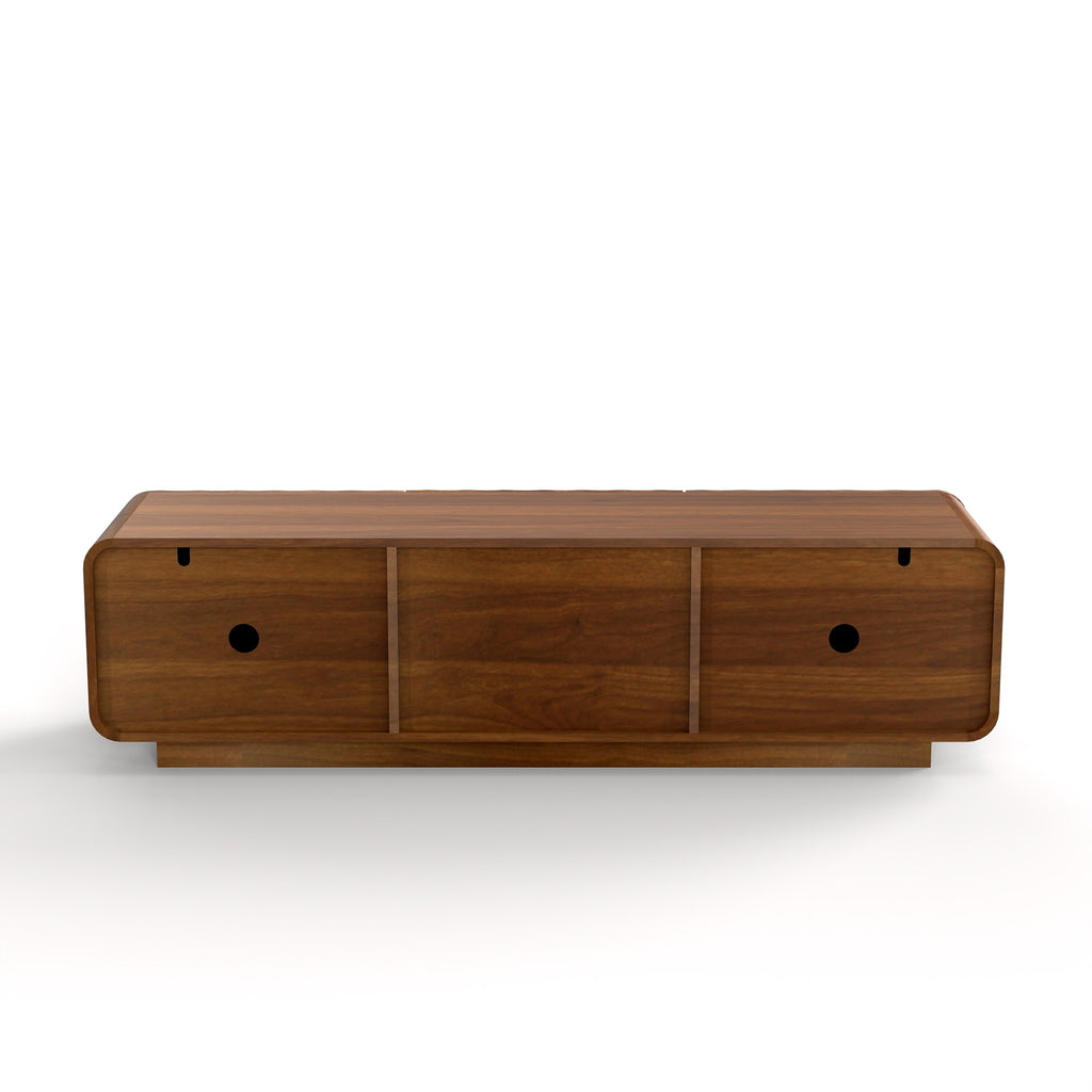 Anthony & Home 58-inch walnut TV console with spiral wave design, storage cabinet, and two drawers, modern and stylish furniture.