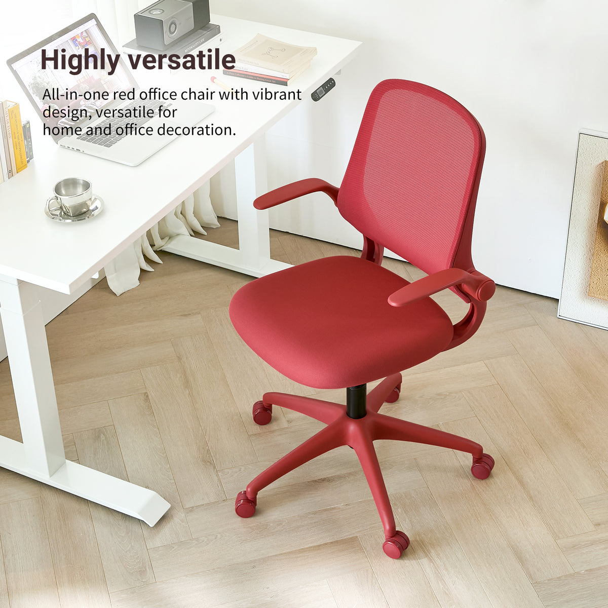 Anthony & Home ergonomic mesh office chair with red integrated foam cushion, featuring adjustable armrests and breathable design.