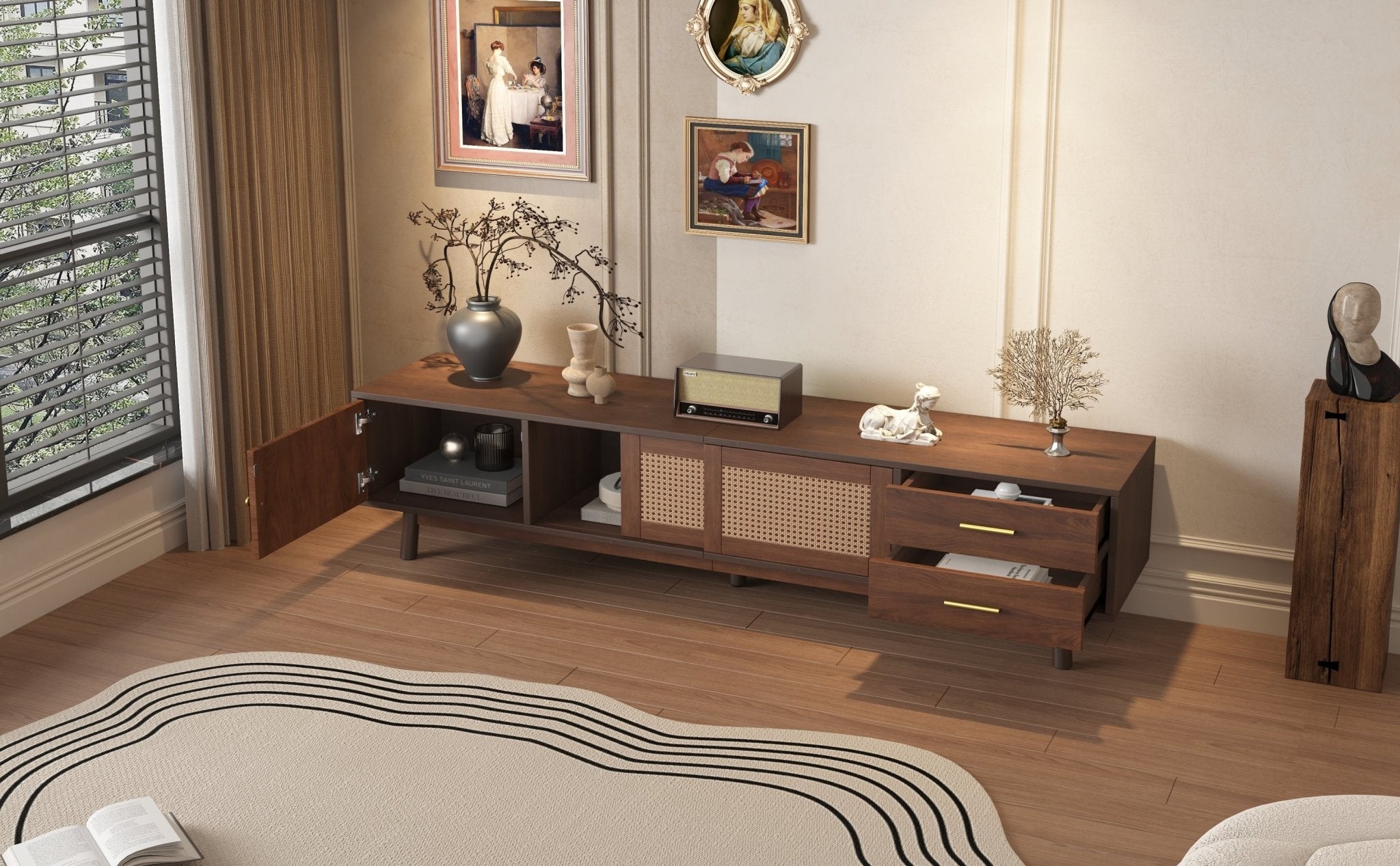 Dark brown solid wood Heritage Collection TV stand by Anthony & Home with open shelving and sleek design.