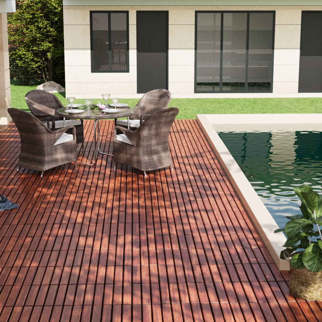 Anthony & Home Acacia Studio Interlocking Deck Tiles with striped pattern, 12-inch size, suitable for outdoor flooring and patios.