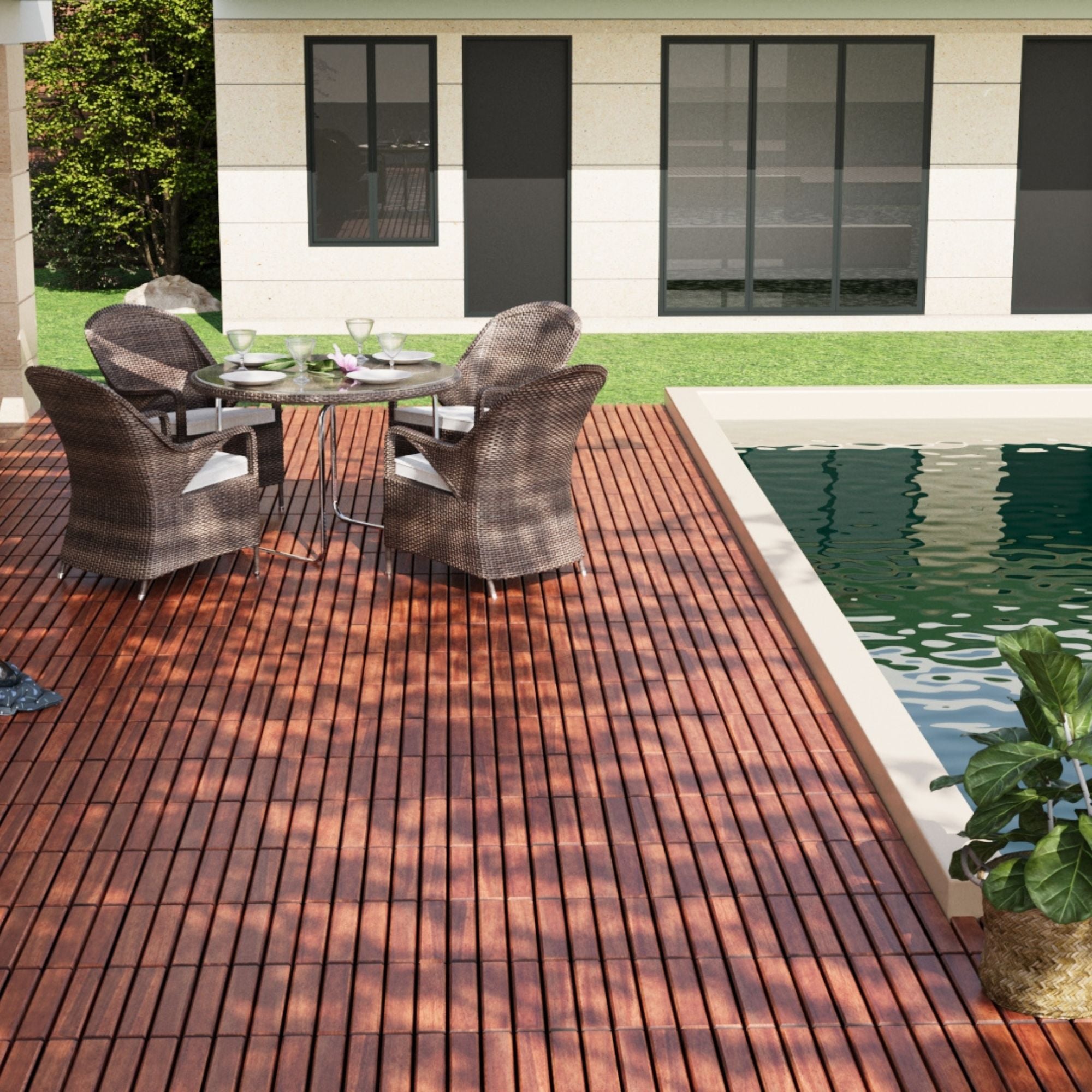 Anthony & Home Acacia Studio Interlocking Deck Tiles with striped pattern, 12-inch size, suitable for outdoor flooring and patios.
