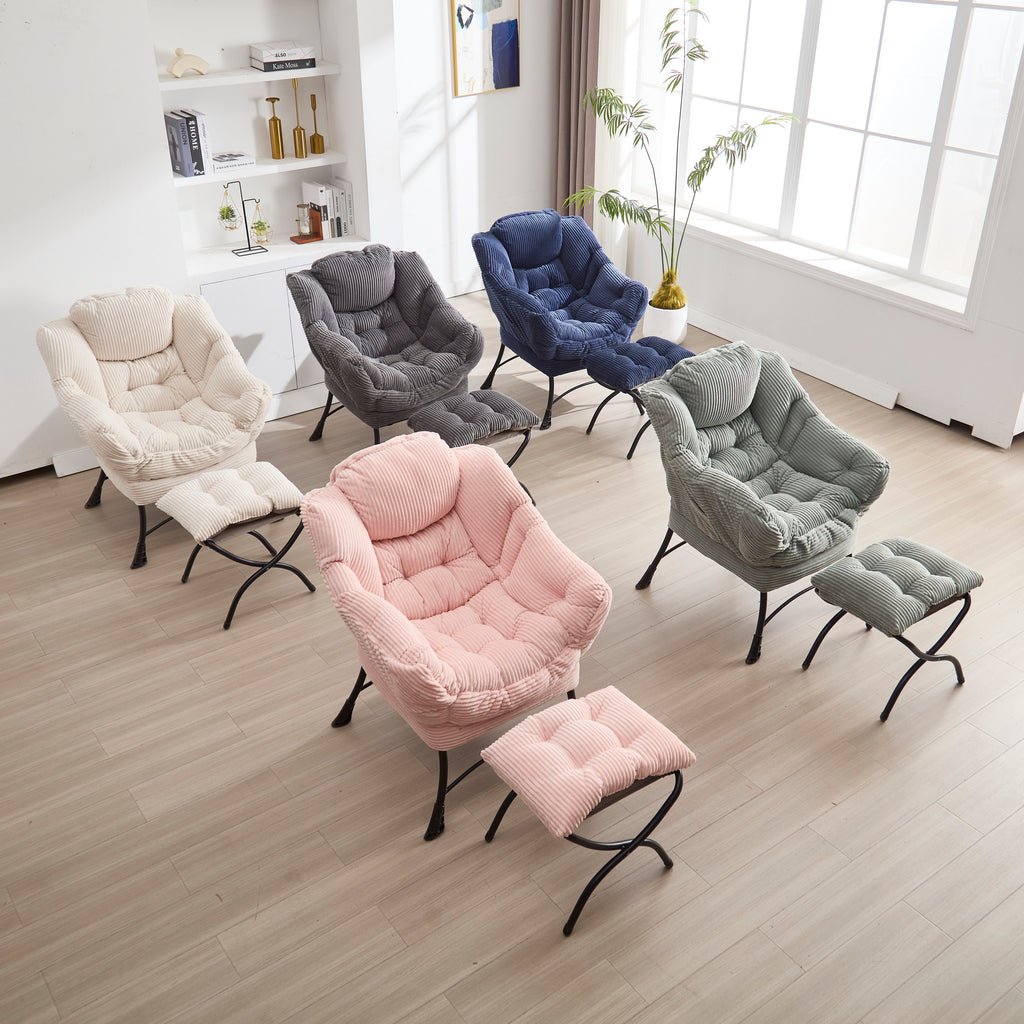 Ivory upholstered lounge chair with matching ottoman and side pocket, modern reading nook accent by Anthony & Home.