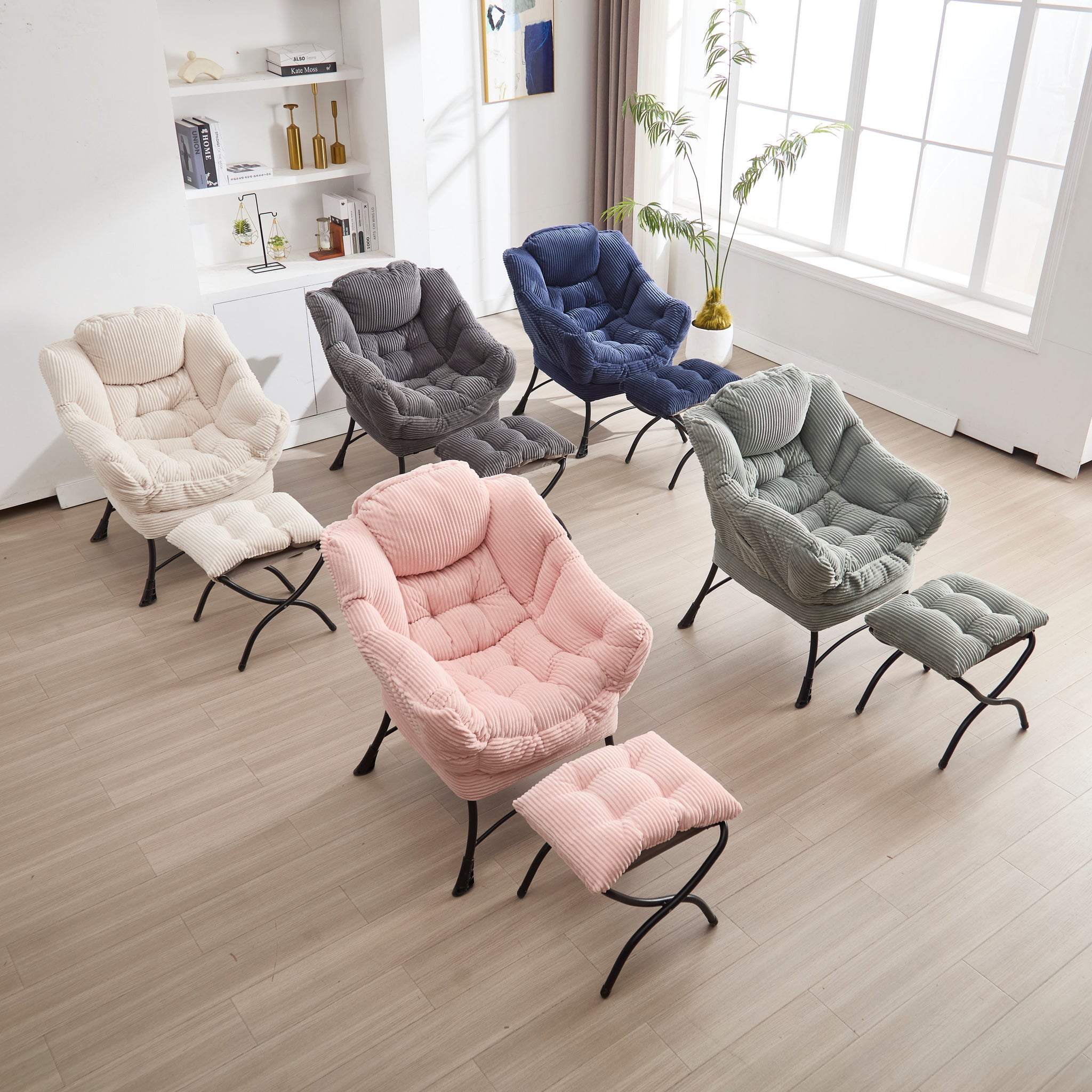 Ivory upholstered lounge chair with matching ottoman and side pocket, modern reading nook accent by Anthony & Home.