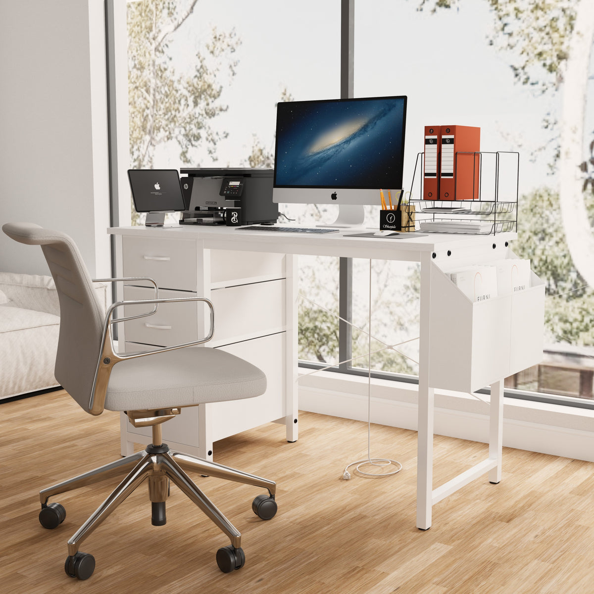 Anthony & Home studio white lacquer office desk with three drawers, power outlet, reversible frame, and easy assembly.