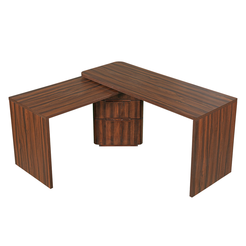 Walnut L-shaped desk by Anthony & Home featuring 3 drawers and 360-degree rotation for versatile workspace organization.