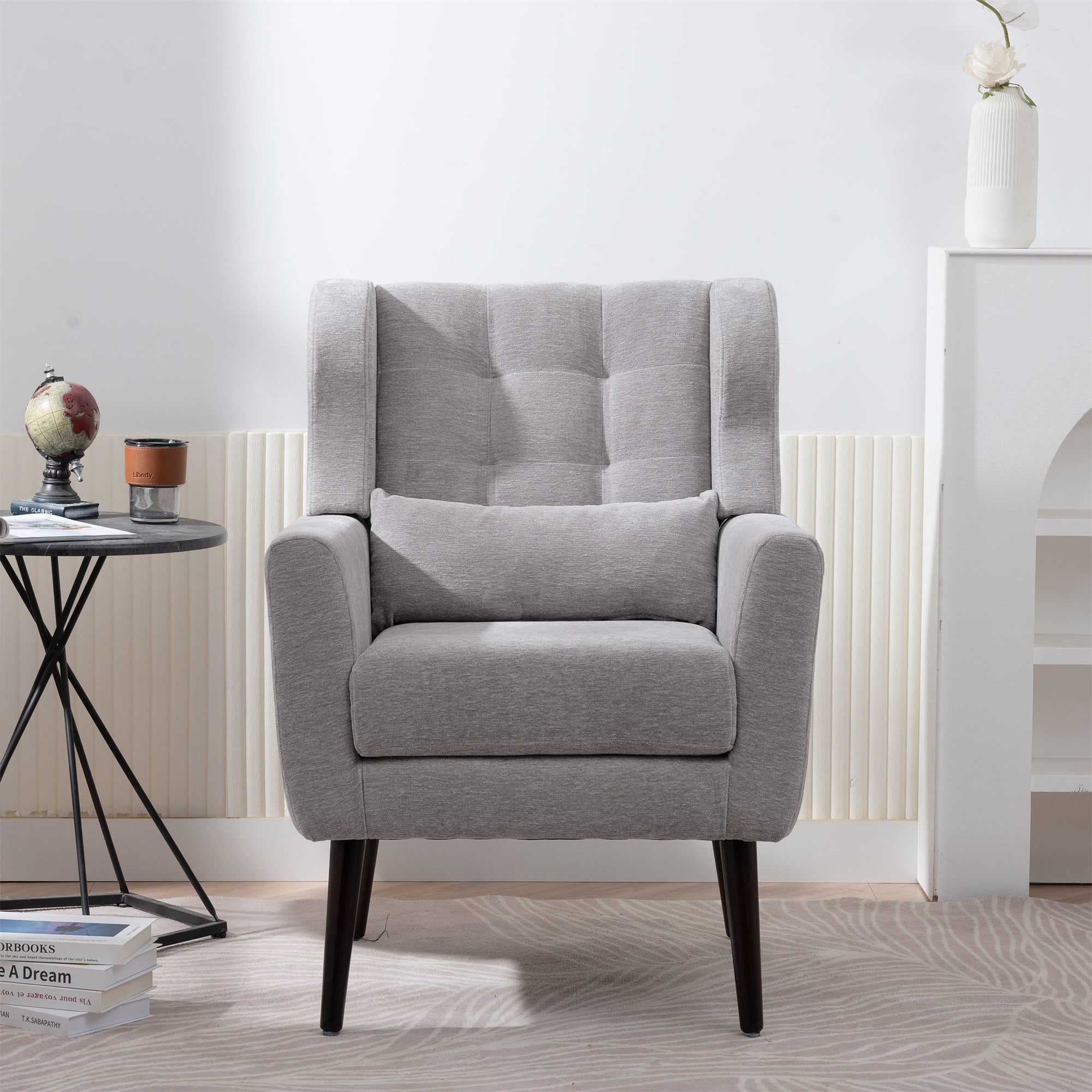 Gray chenille accent chair with solid wood legs from Anthony & Home, stylish studio furniture piece.