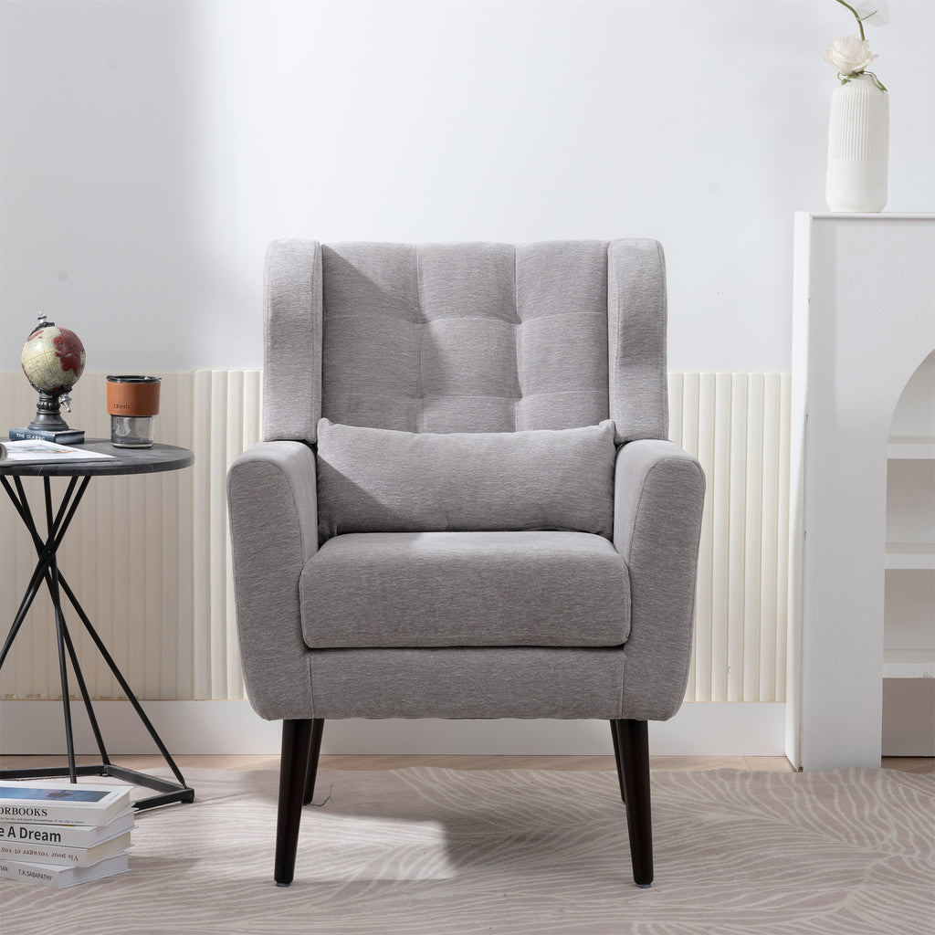 Gray chenille accent chair with solid wood legs from Anthony & Home, stylish studio furniture piece.