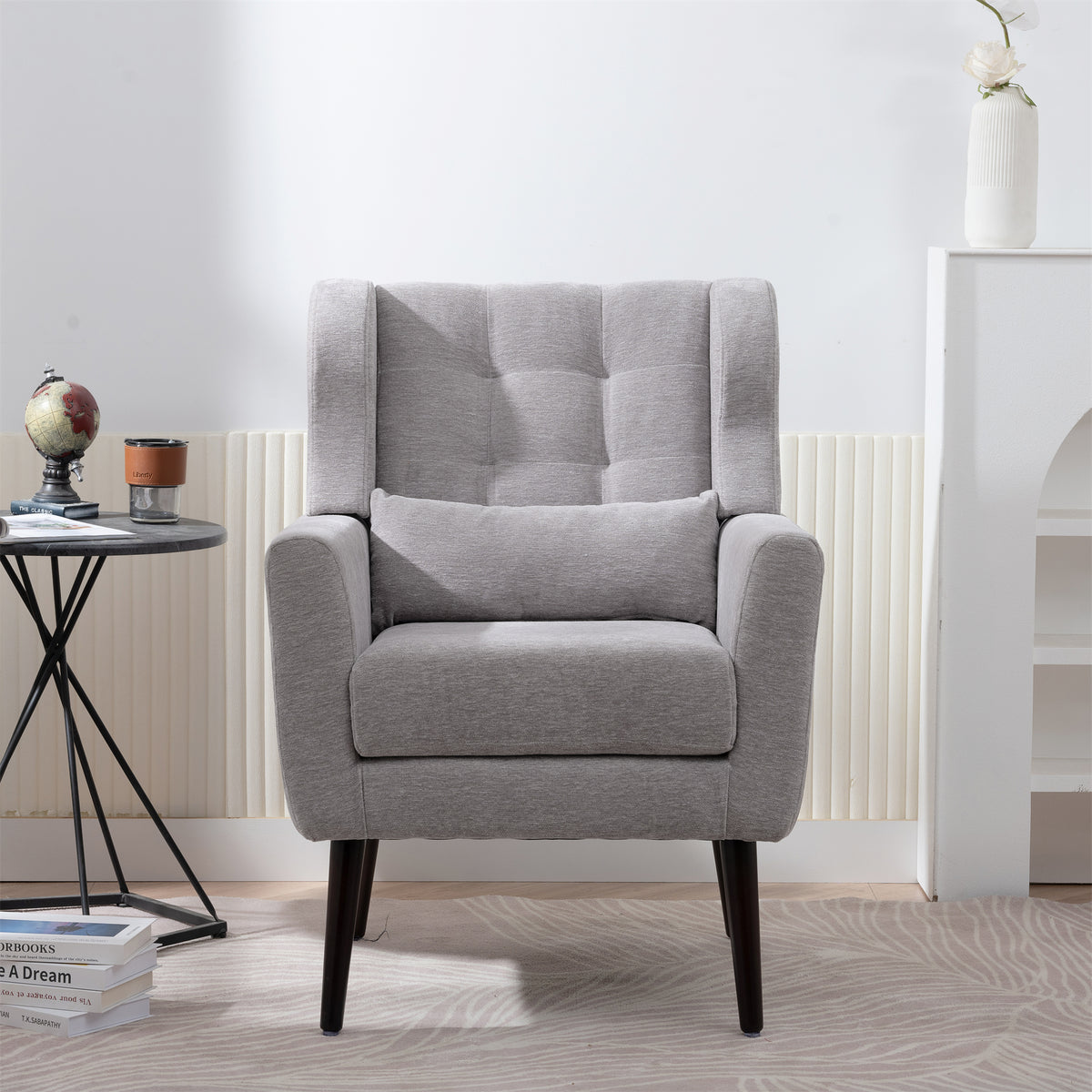 Gray chenille accent chair with solid wood legs from Anthony & Home, stylish studio furniture piece.
