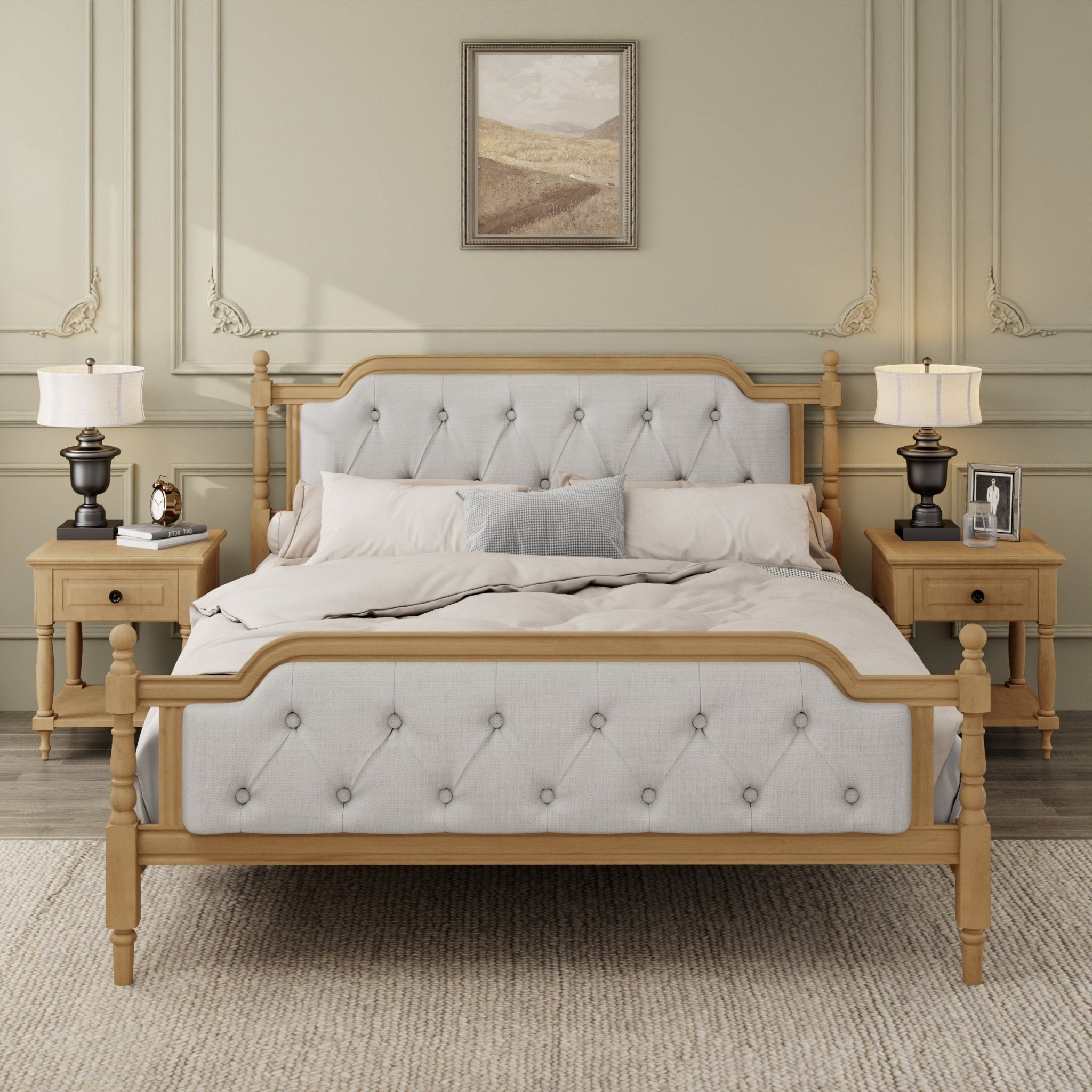 Queen solid wood bed frame with upholstered tufted headboard in antique walnut finish, from Anthony & Home collection.