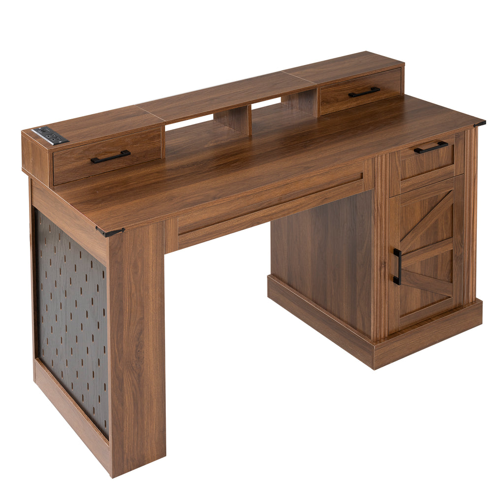 55-inch dark walnut farmhouse office desk with barn door design, storage, and keyboard tray by Anthony & Home.