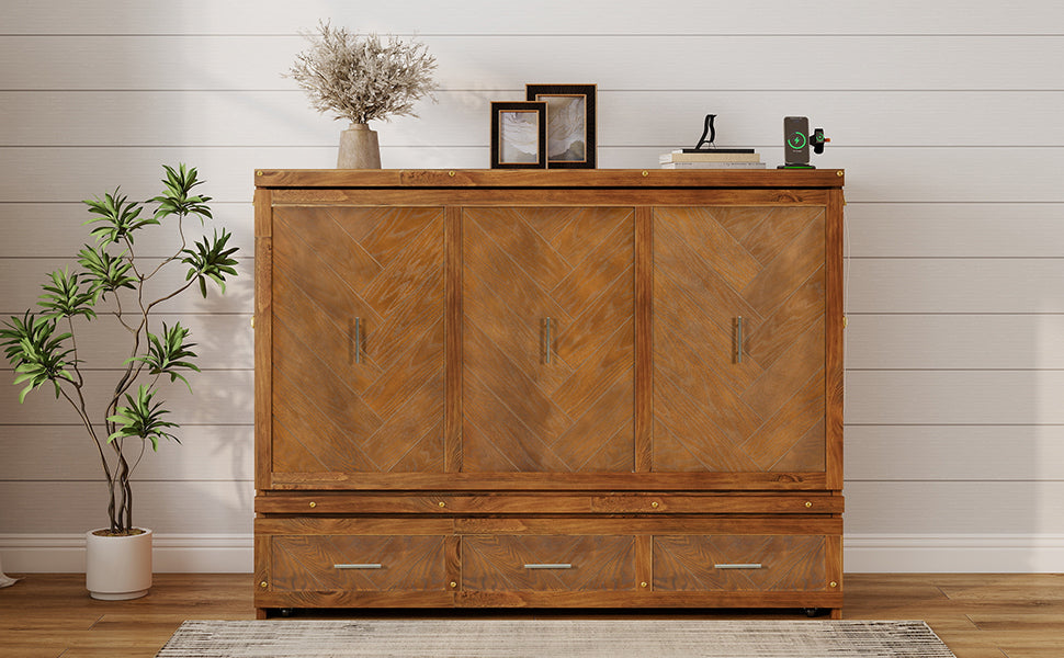 Queen size Walnut Murphy cabinet bed with geometric panel, USB charging, from Anthony & Home Studio Collection.