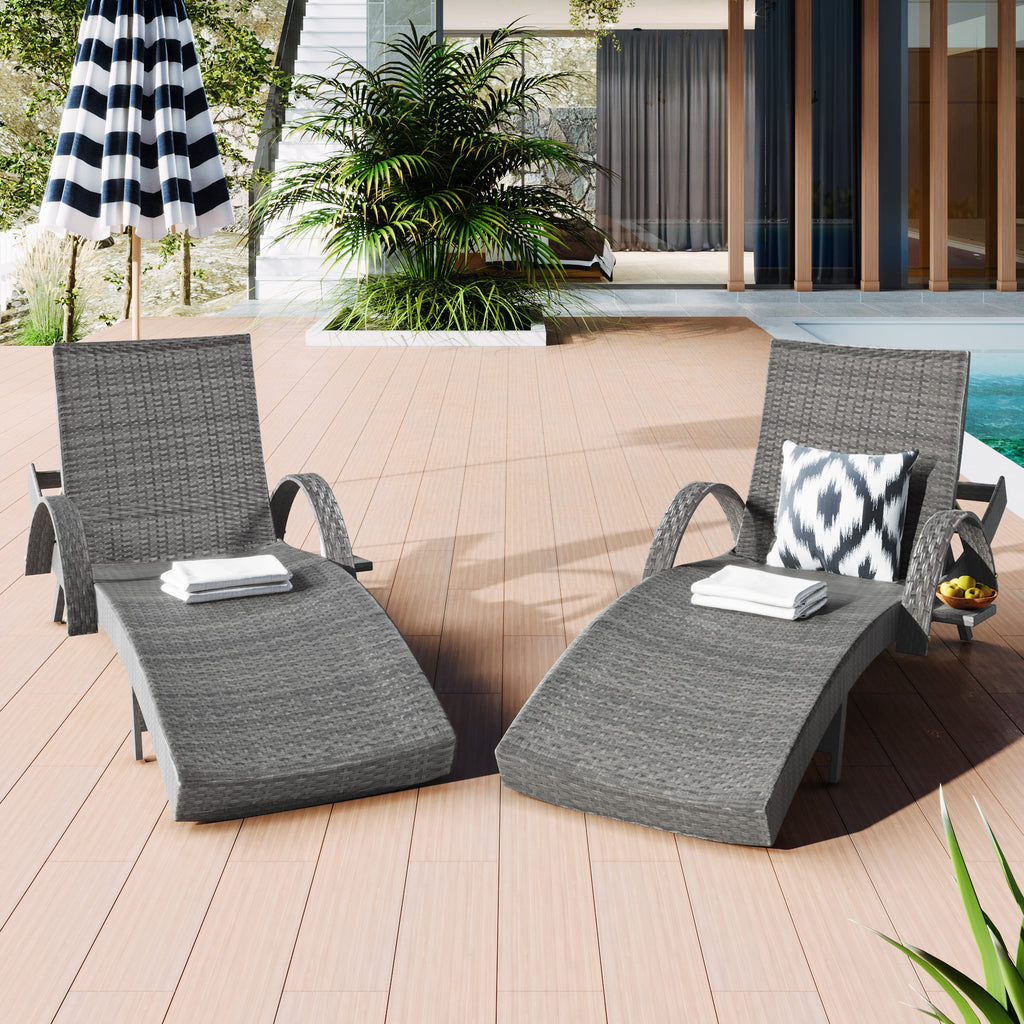 Outdoor wicker chaise lounge set with ergonomic wave design in grey by Anthony & Home, featuring comfortable cushions and stylish styling.