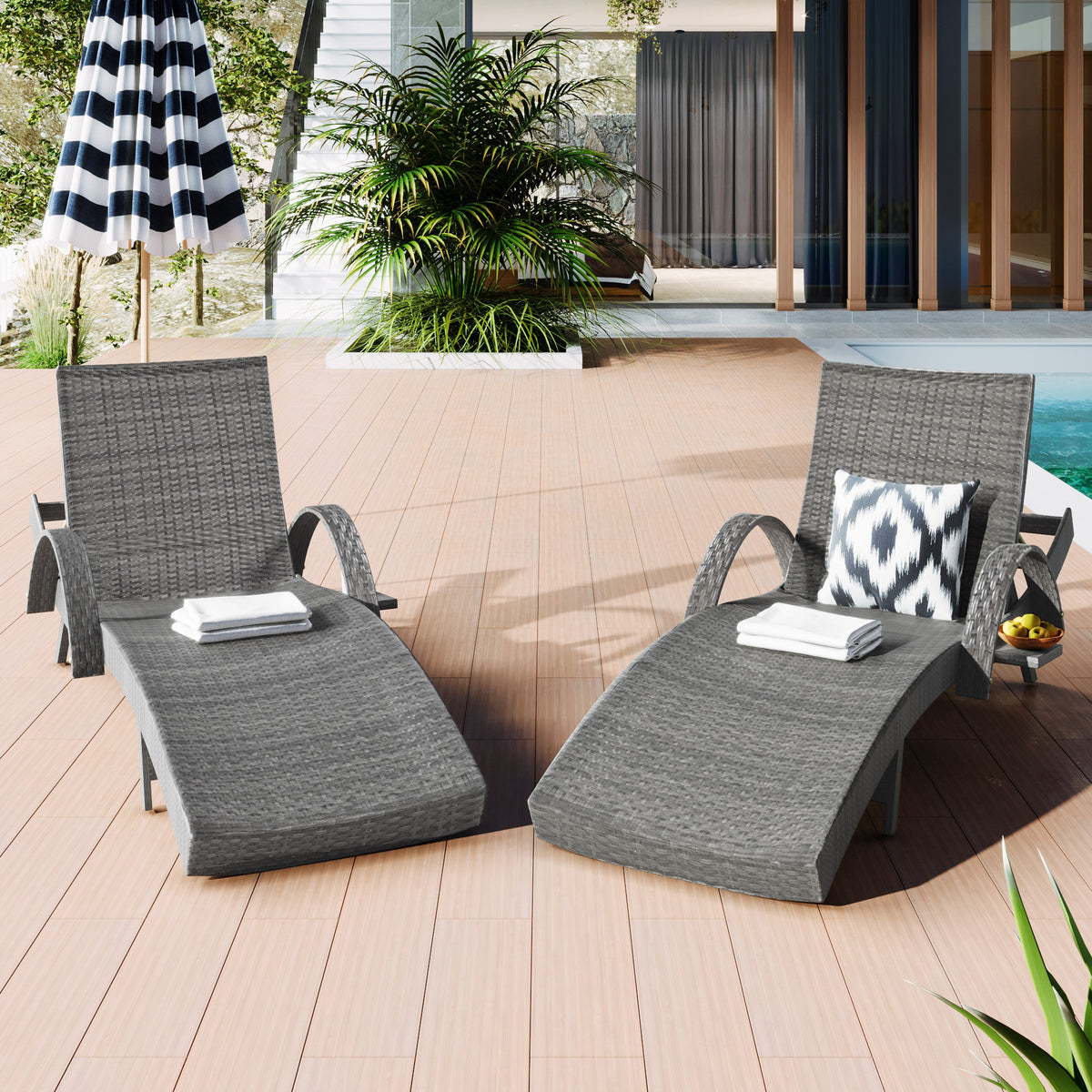 Outdoor wicker chaise lounge set with ergonomic wave design in grey by Anthony & Home, featuring comfortable cushions and stylish styling.
