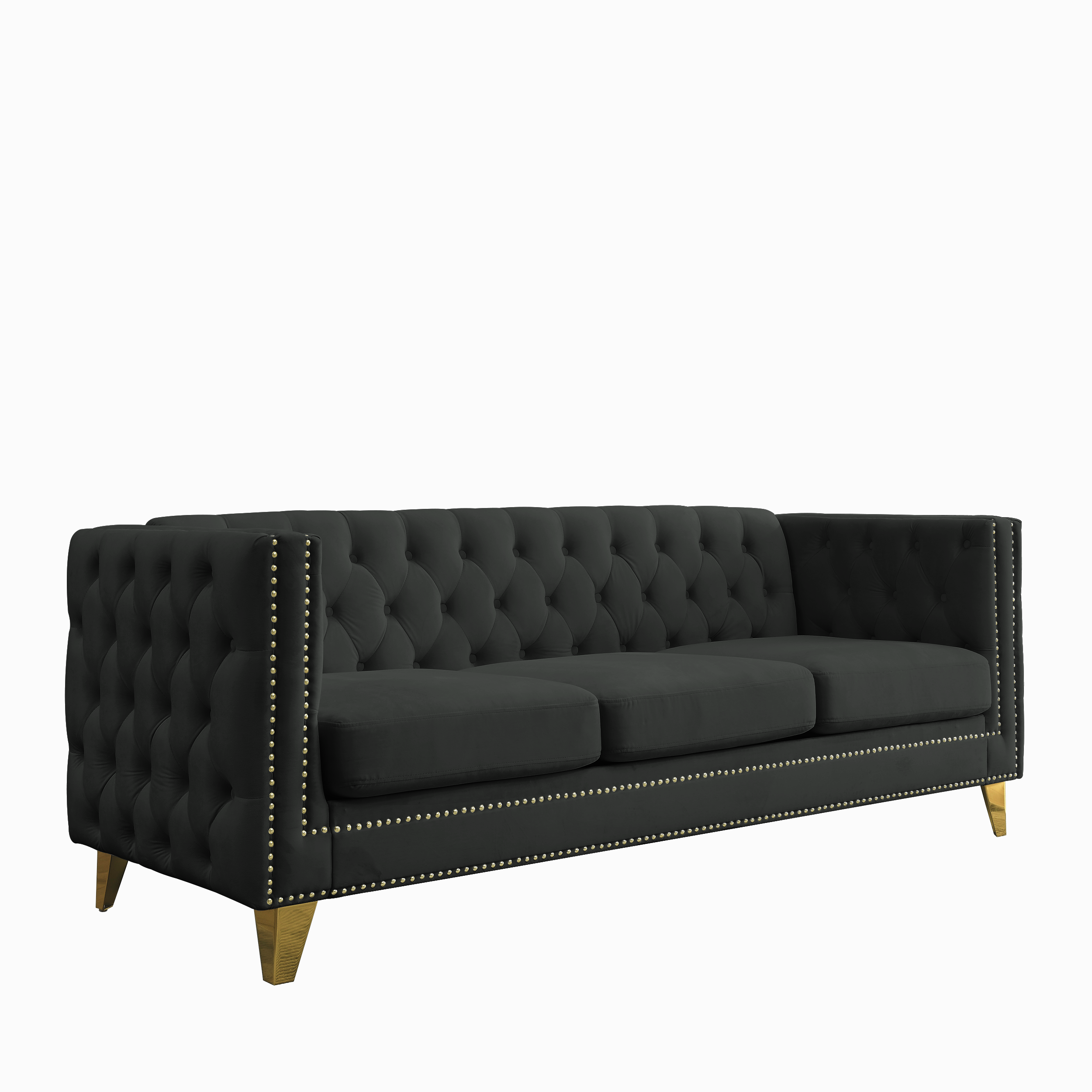 Modern black velvet sofa with button tufting, metal legs, 3-seater design, upholstered in soft velvet with a solid wood frame.