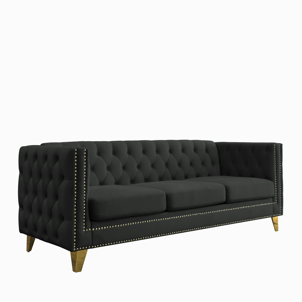 Black Atelier Velvet Tufted 3-Seater Sofa with metal legs by Anthony & Home, showcasing plush upholstery and elegant design.