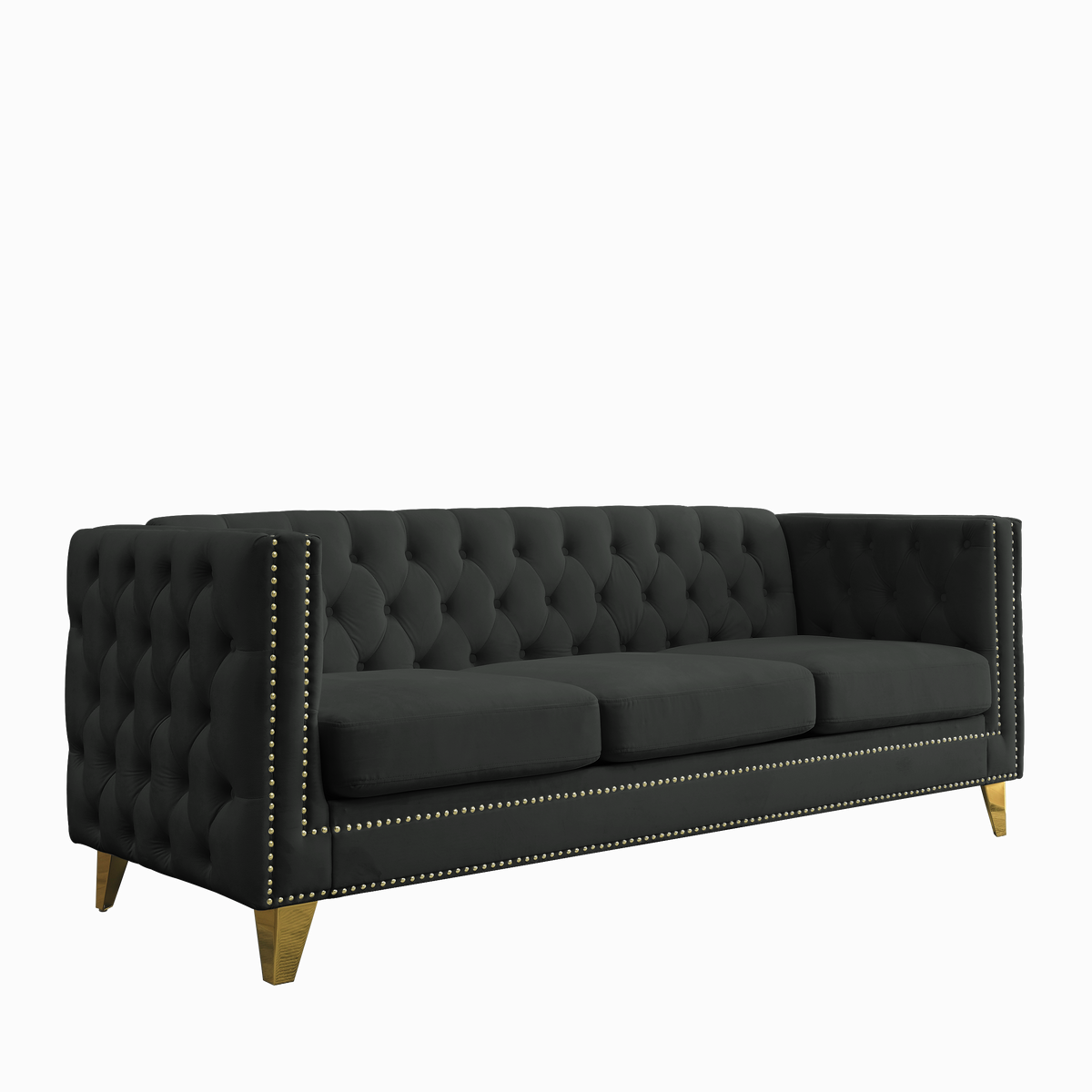 Black Atelier Velvet Tufted 3-Seater Sofa with metal legs by Anthony & Home, showcasing plush upholstery and elegant design.