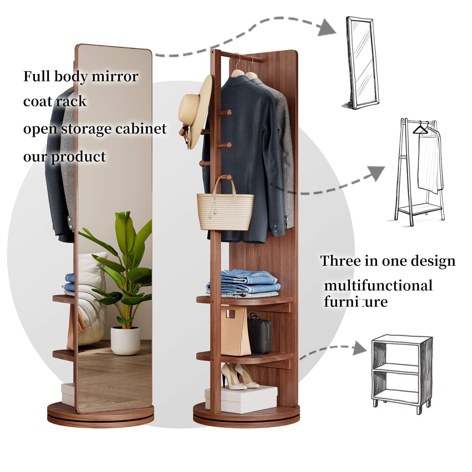 Walnut 360-degree rotating full-length mirror by Anthony & Home showing a polished wooden frame and full reflection view.